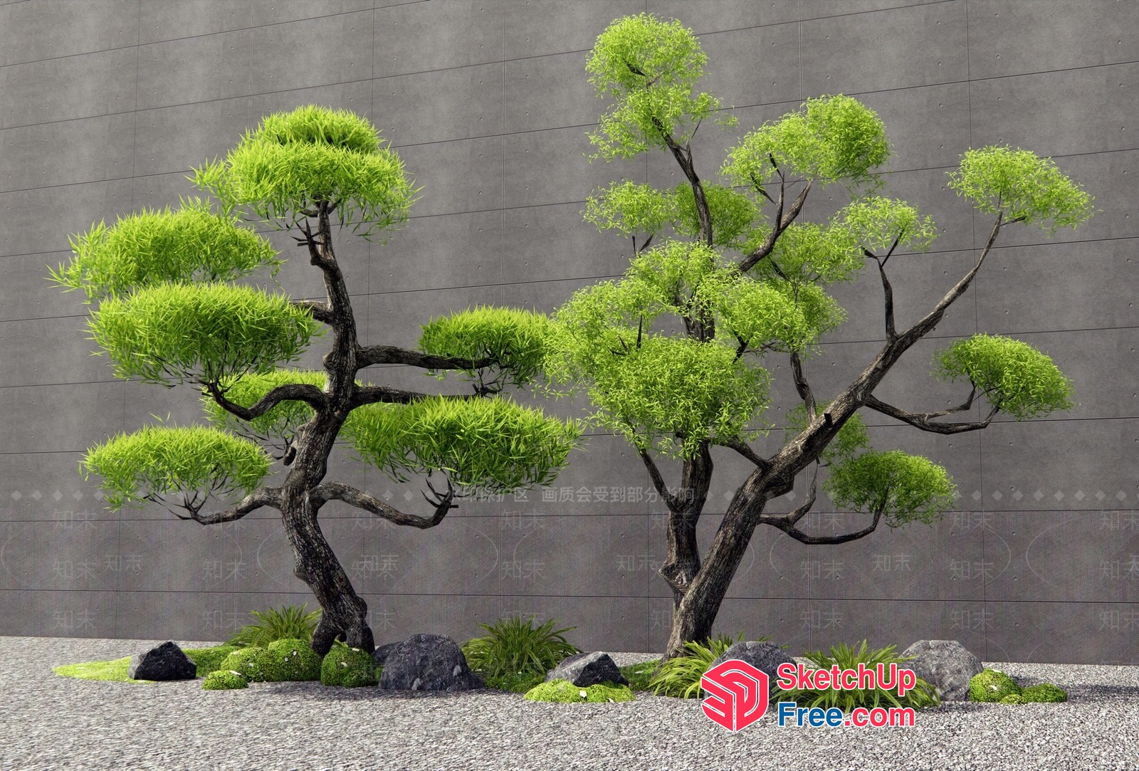 Japanese Style Garden With Trees And Rocks 3D SketchUp File