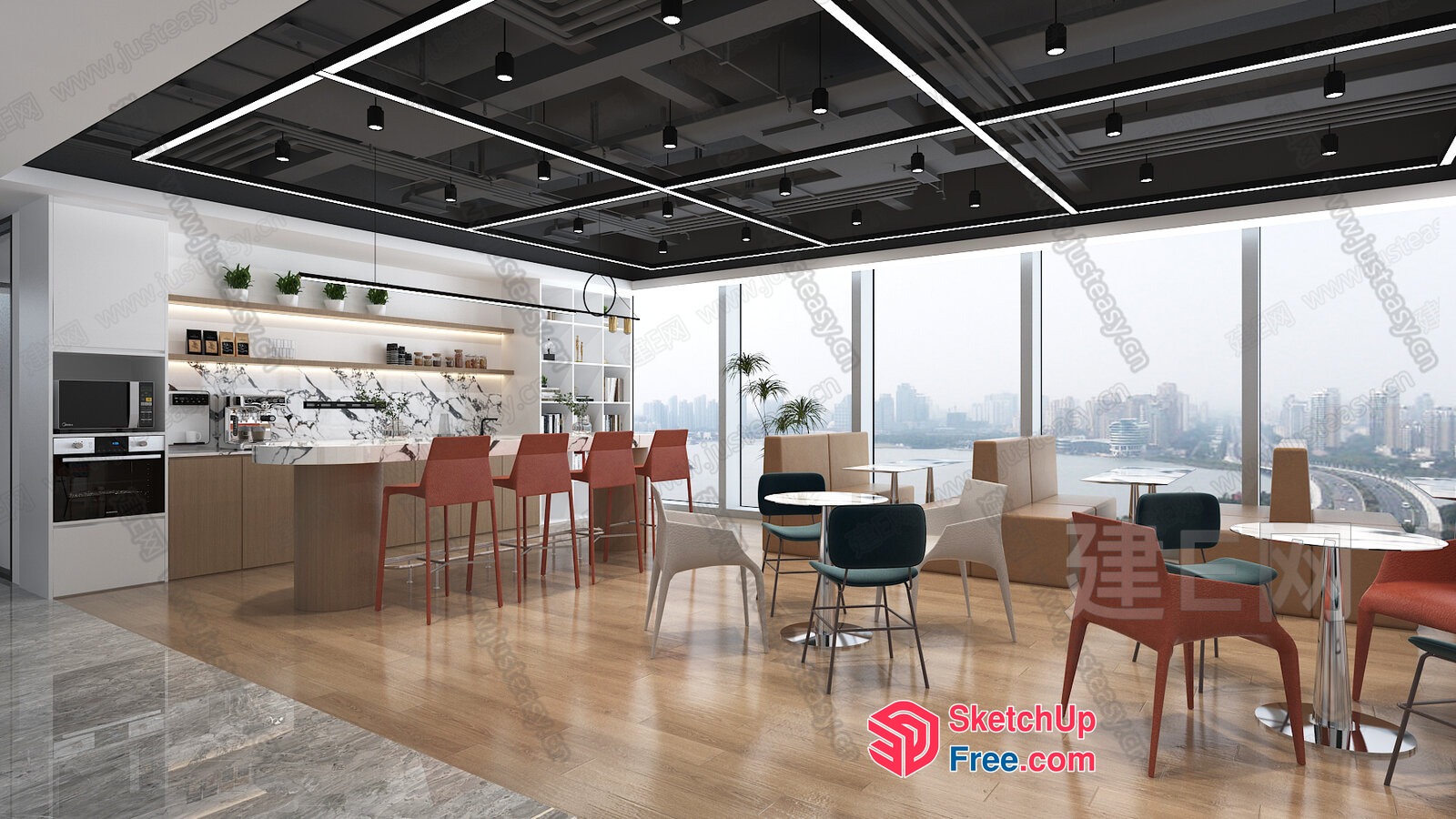 Modern Office Interior With City View And Contemporary Furniture 3D SketchUp File