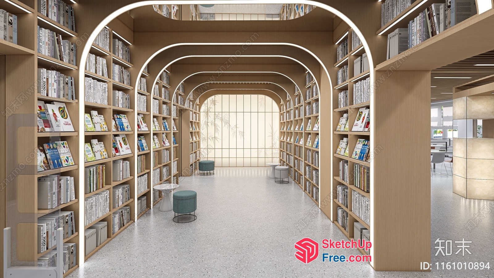 Elegant Library Interior With Arched Bookshelves And Natural Lighting 3D SketchUp File