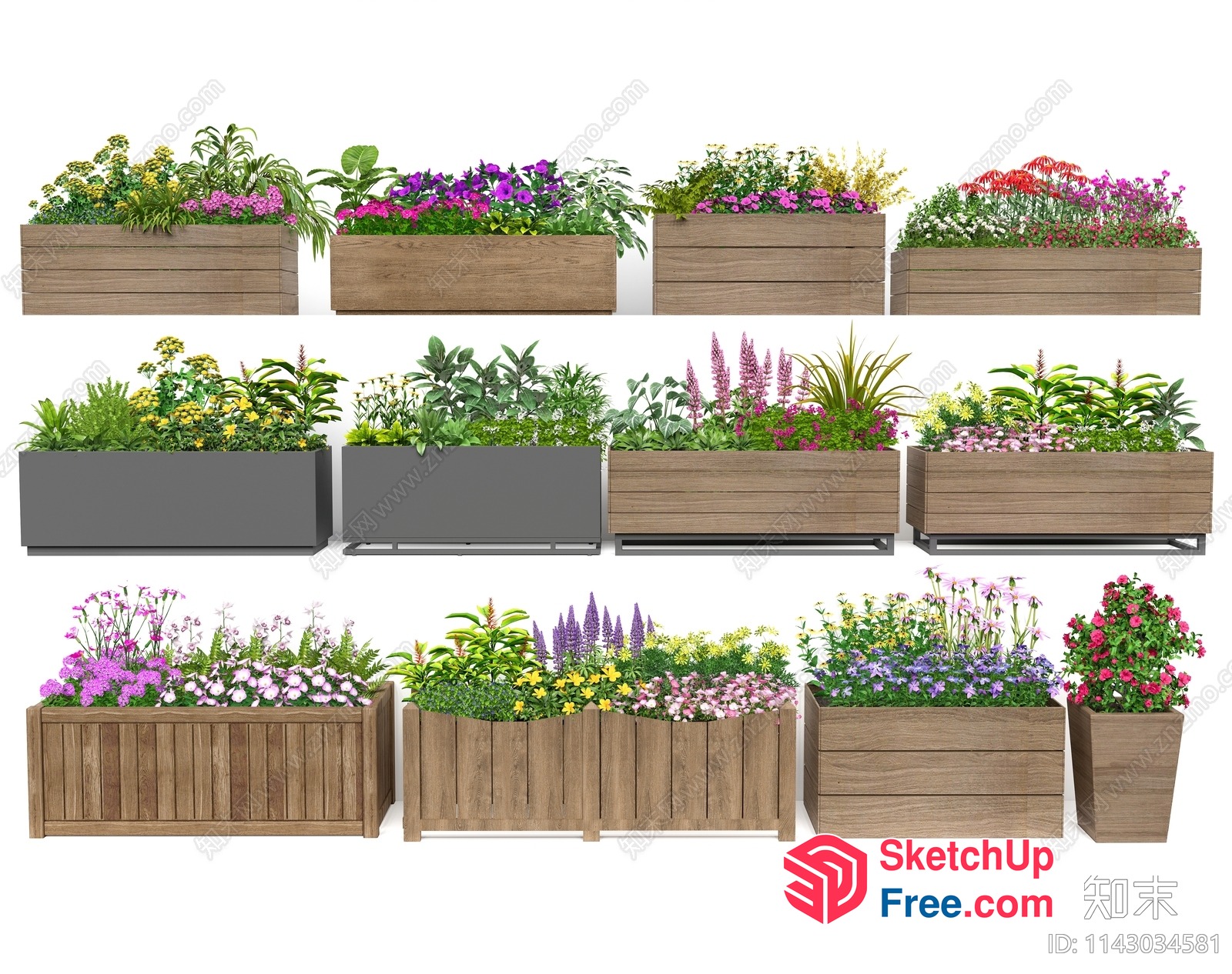 Wooden Planters With Various Flowers And Plants 3D SketchUp File