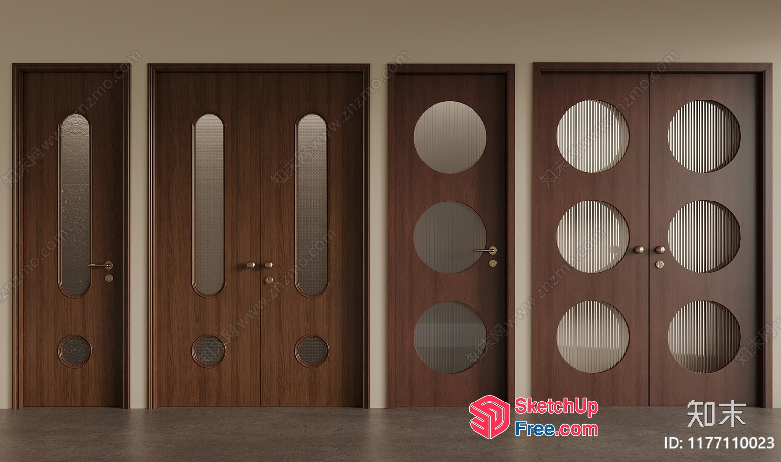 Four Doors With Circular And Rectangular Glass Panels 3D SketchUp File