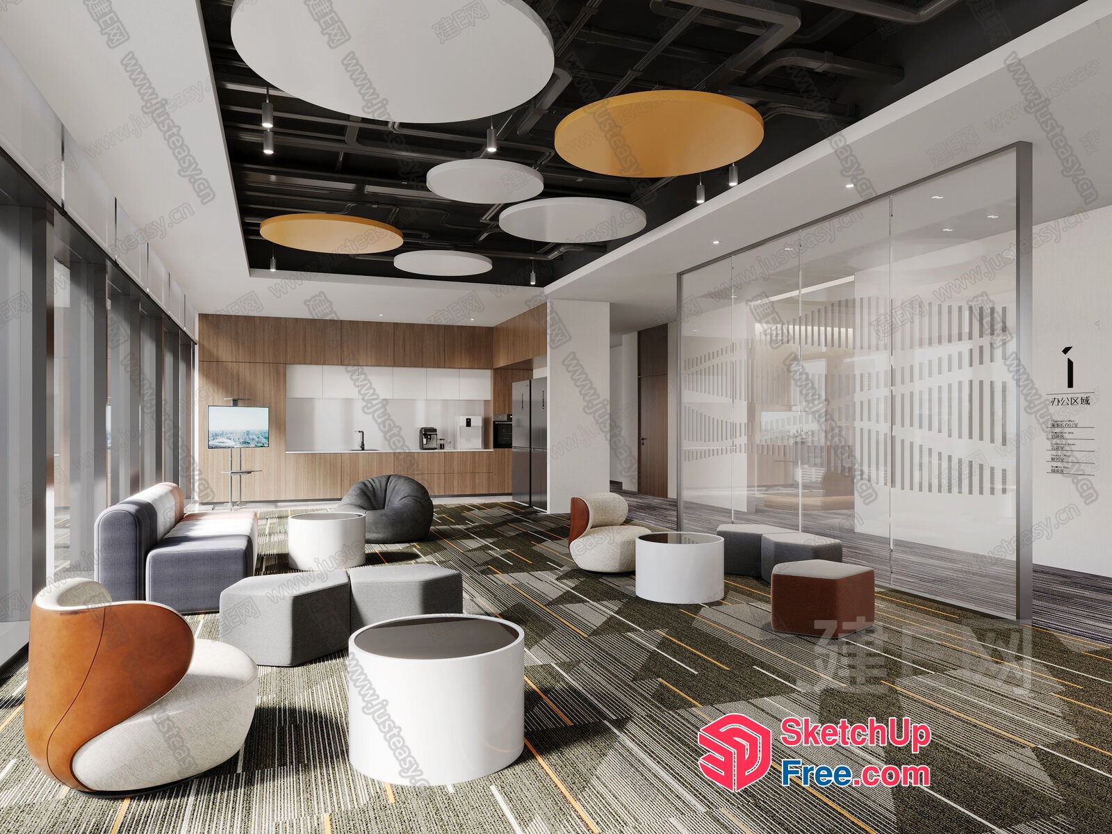 Modern Office Space With Unique Ceiling Design And Comfy Seating 3D SketchUp File