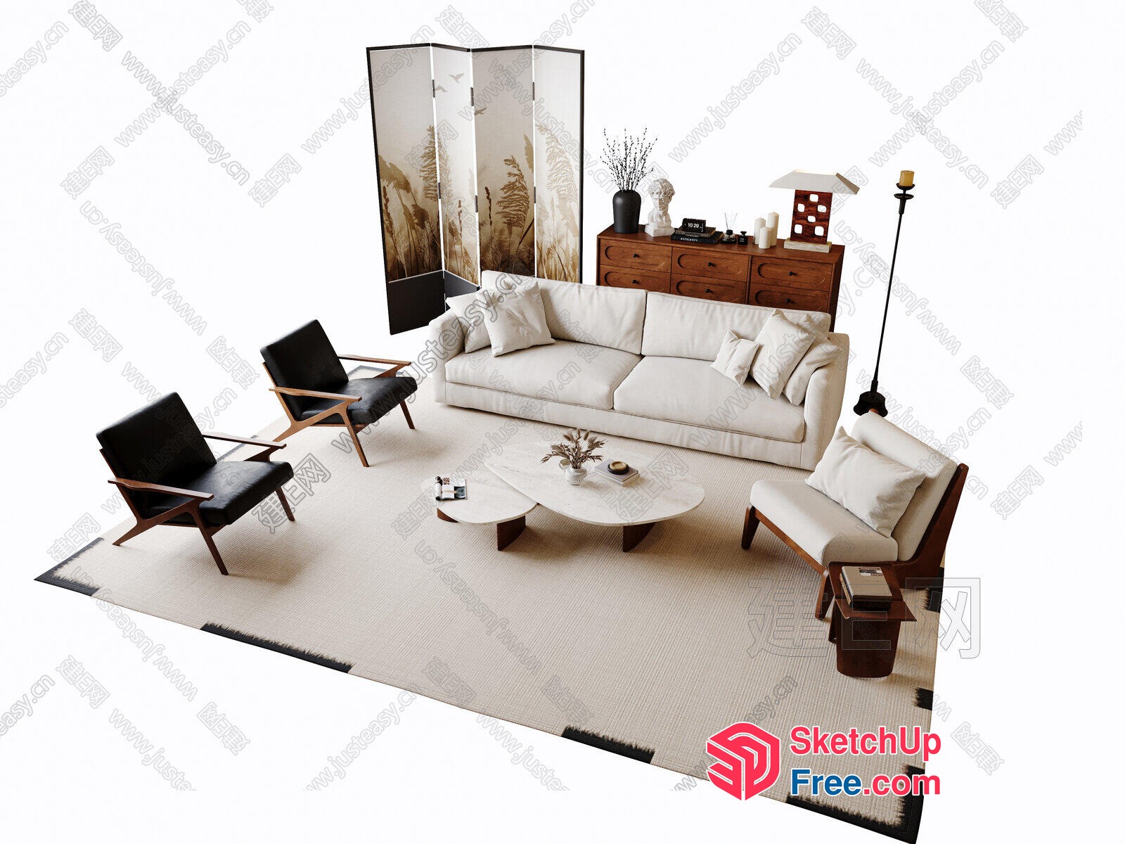 Modern Minimalist Living Room With Creamy Style Sofa 3D SketchUp File