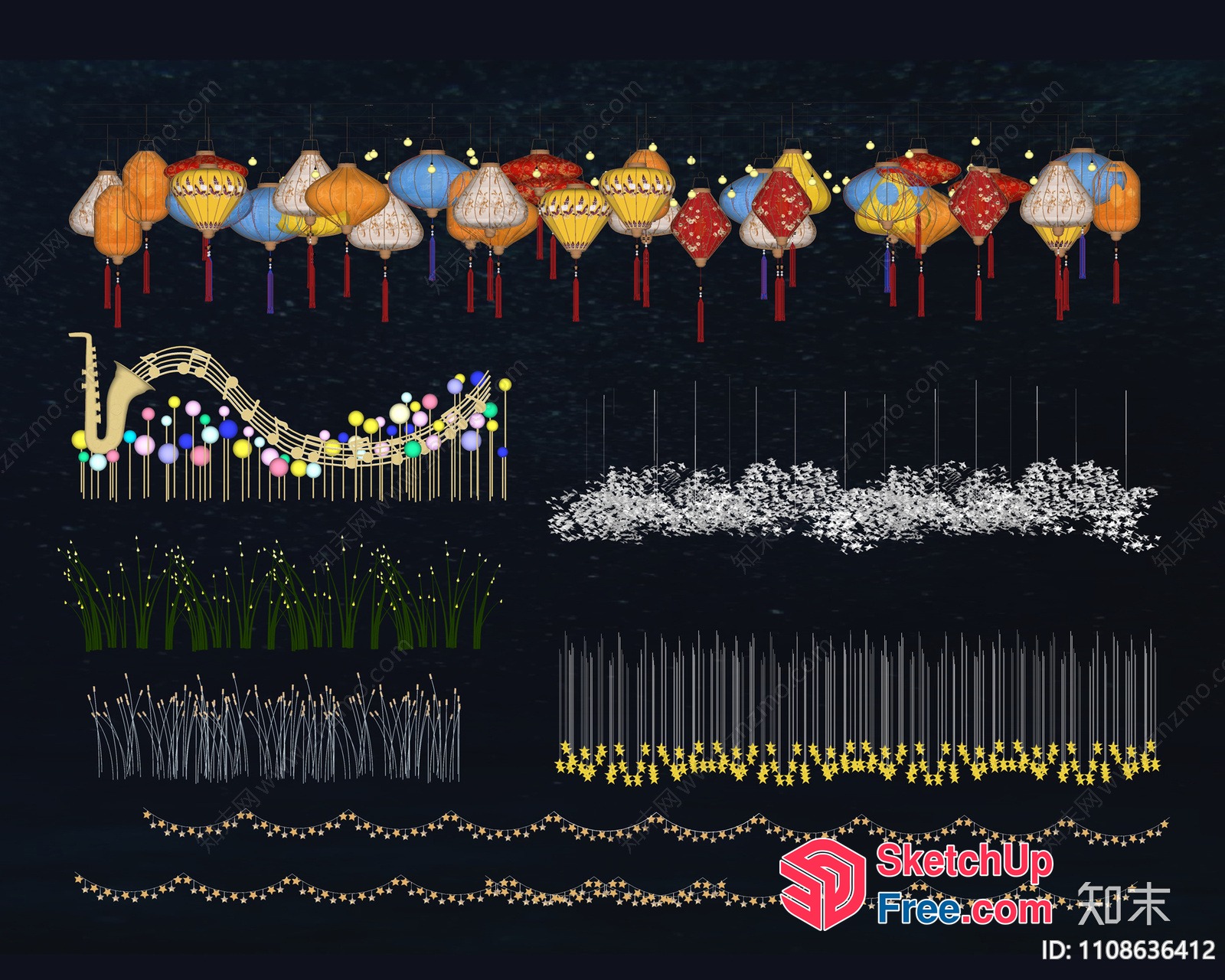 Colorful Lanterns And Decorative Elements 3D SketchUp File