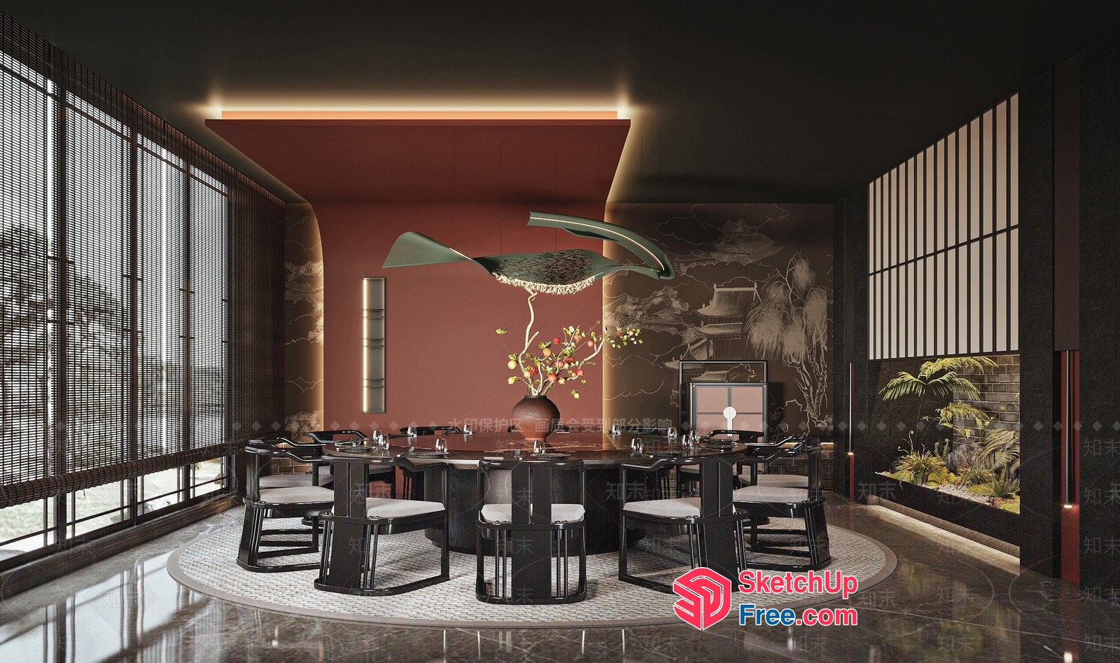 Elegant Modern Japanese Style Dining Room With Dark Wood And Glass 3D SketchUp File