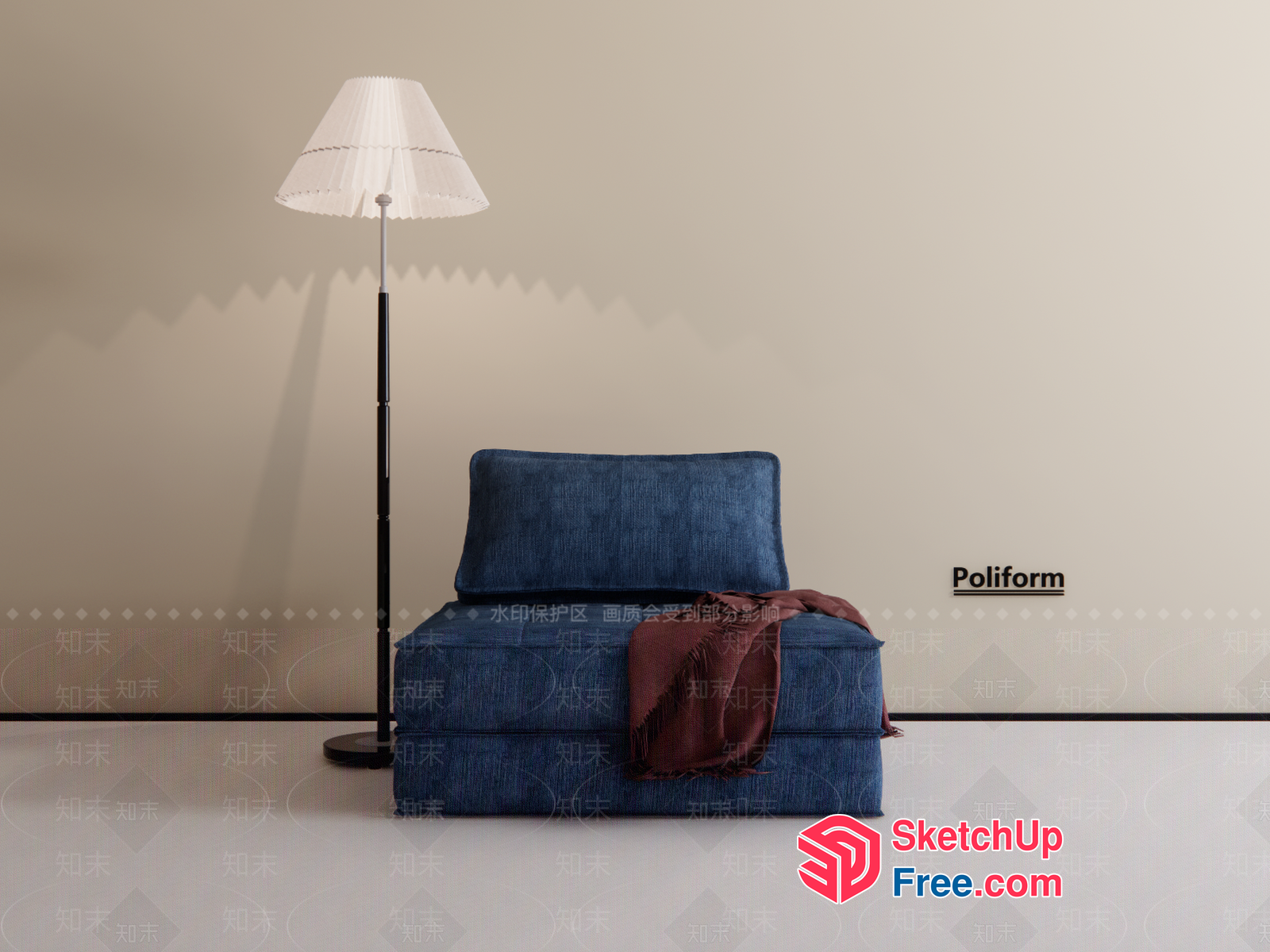Blue Chair With Brown Blanket And White Lamp 3D SketchUp File