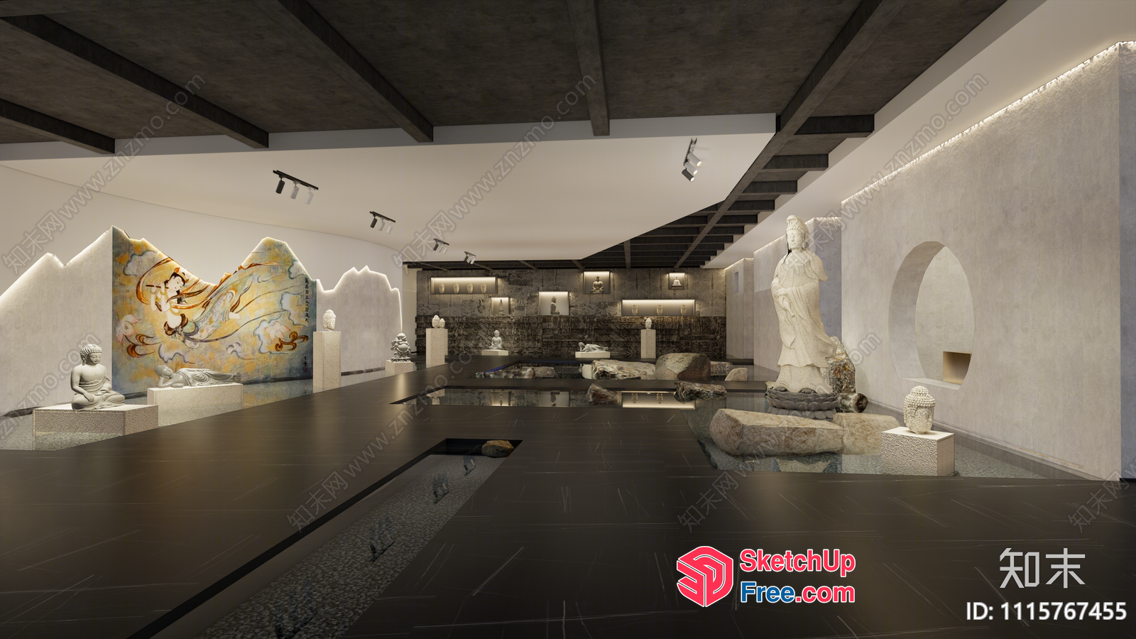 Contemporary Asian-Inspired Interior Space With Sculptural Elements 3D SketchUp File