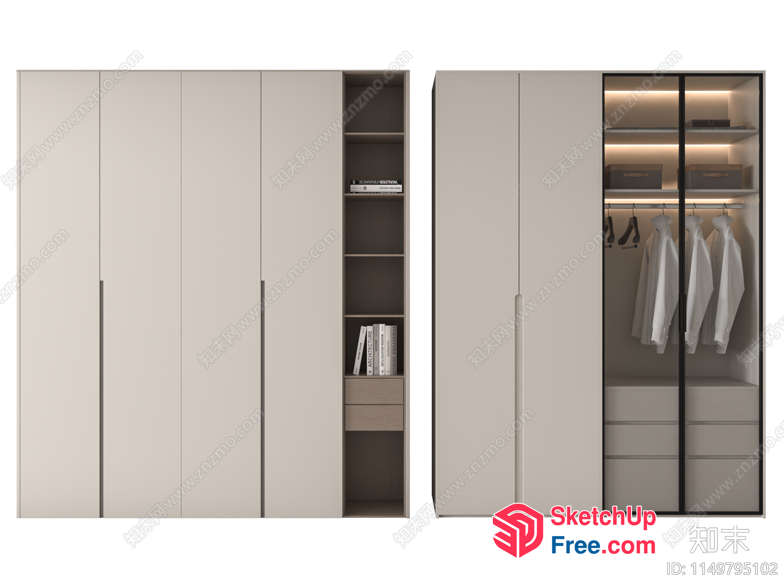 Modern Wardrobe With Built-In Bookshelf And Storage 3D SketchUp File