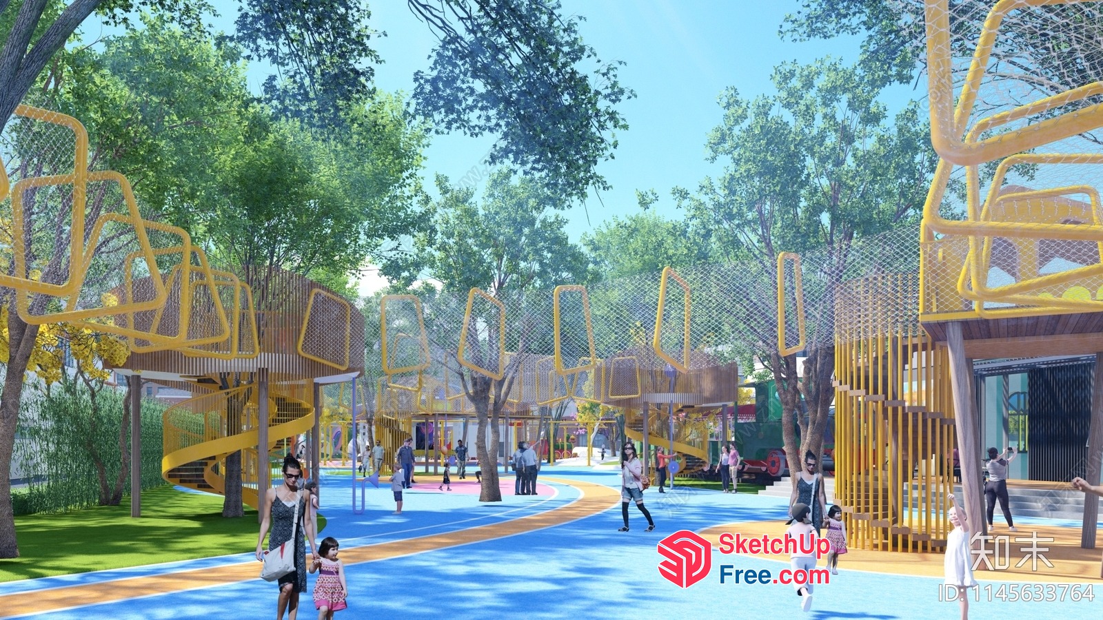 Colorful Urban Park With Yellow Playground Equipment And Trees 3D SketchUp File