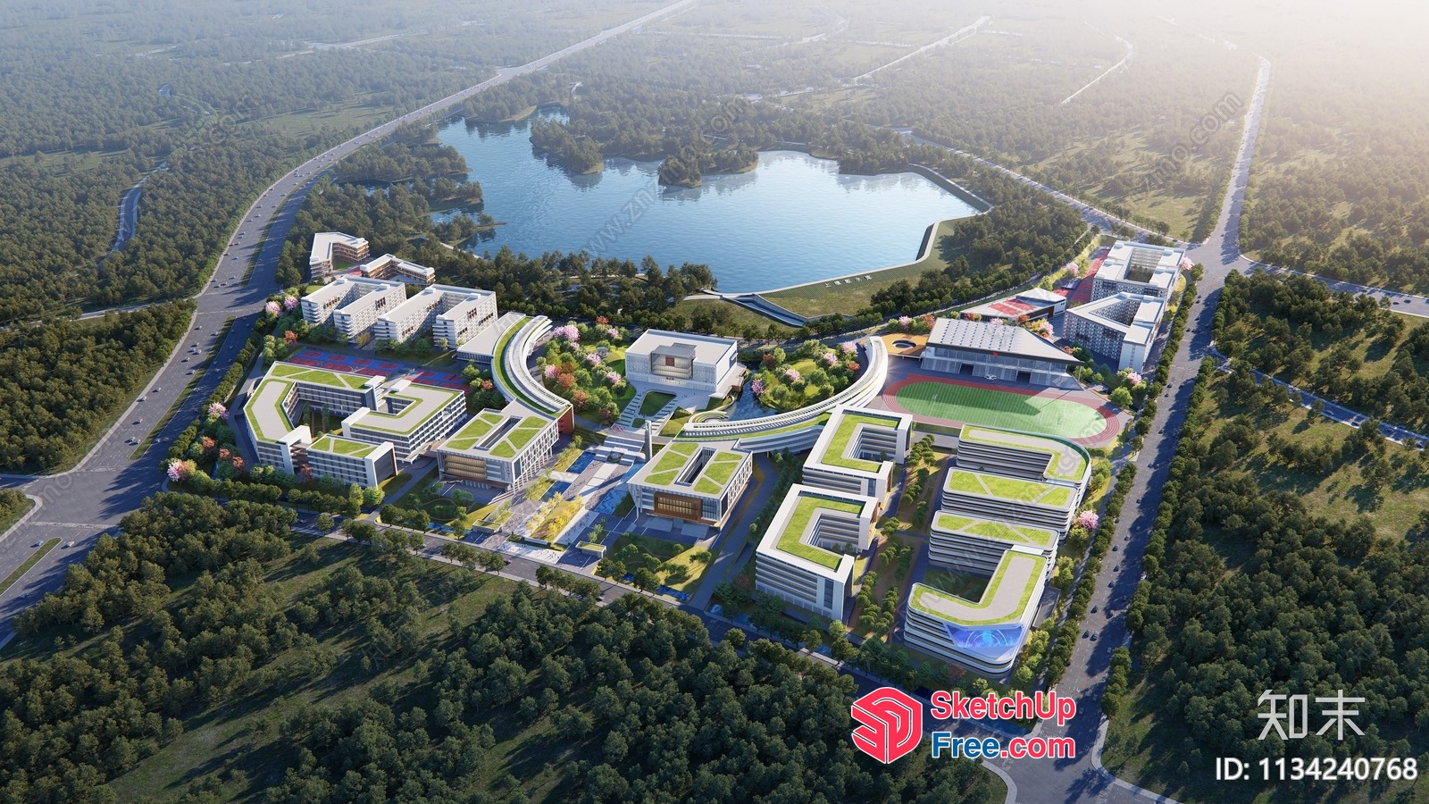 Aerial View Of A Modern Building Complex With A Lake And Road 3D SketchUp File