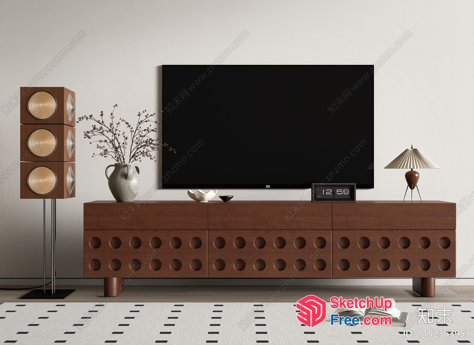 Mid-Century Modern Living Room With Walnut Tv Stand And Speakers 3D SketchUp File