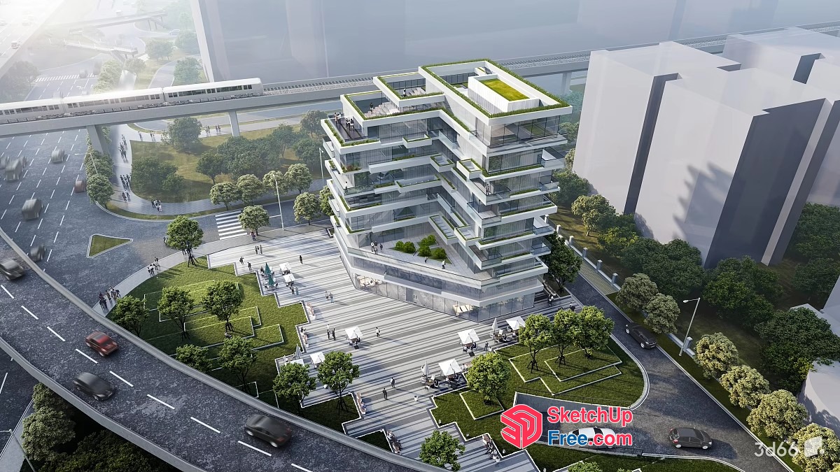 Futuristic Office Building With Modern Architecture And Greenery 3D SketchUp File