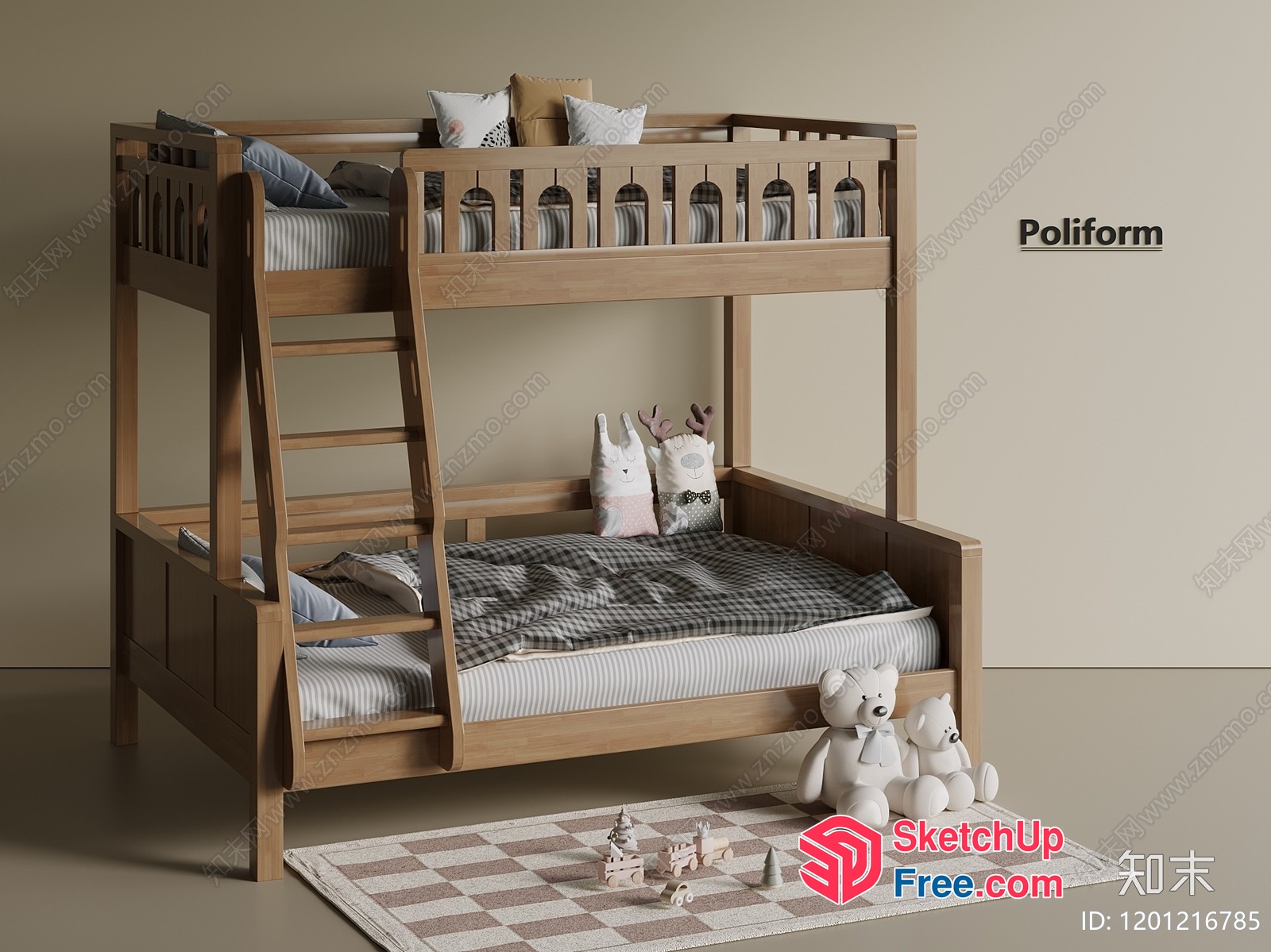 Wooden Bunk Bed With Staircase And Checkered Rug 3D SketchUp File