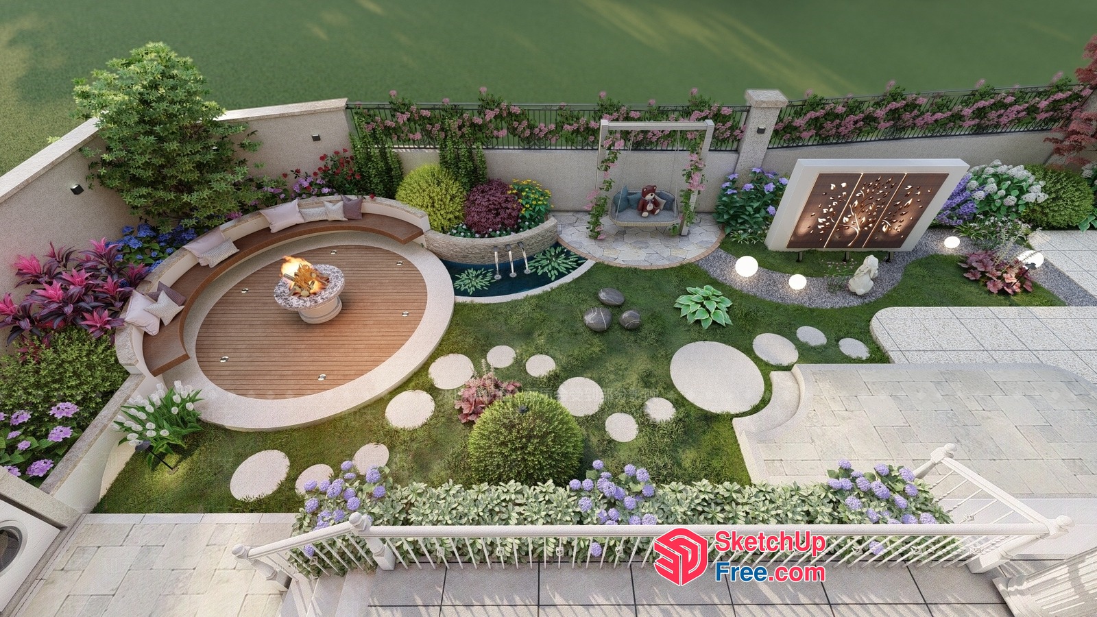 Luxurious Modern Outdoor Living Space With Fireplace And Water Feature 3D SketchUp File