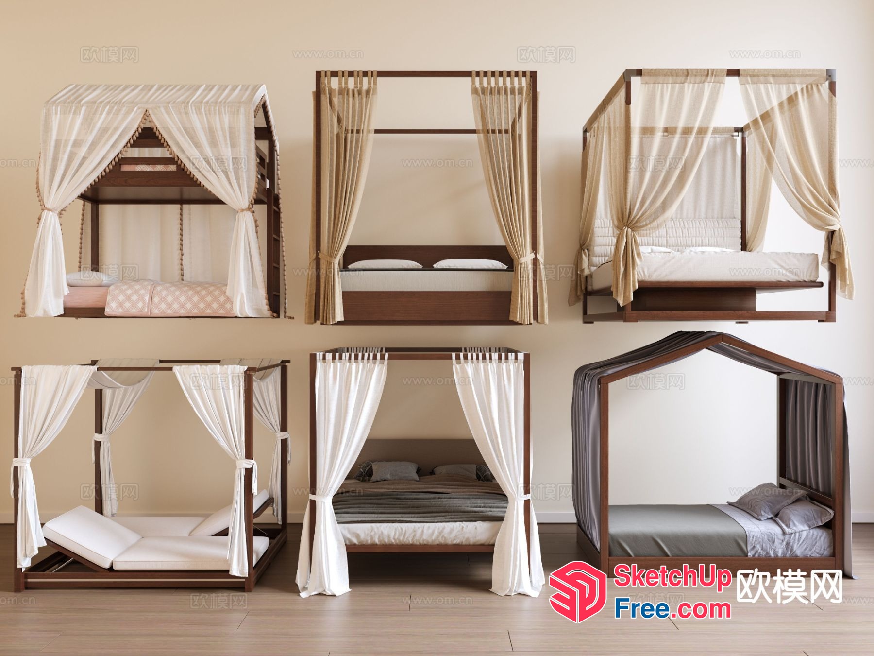 Elegant Wooden Canopy Bed Collection 3D SketchUp File
