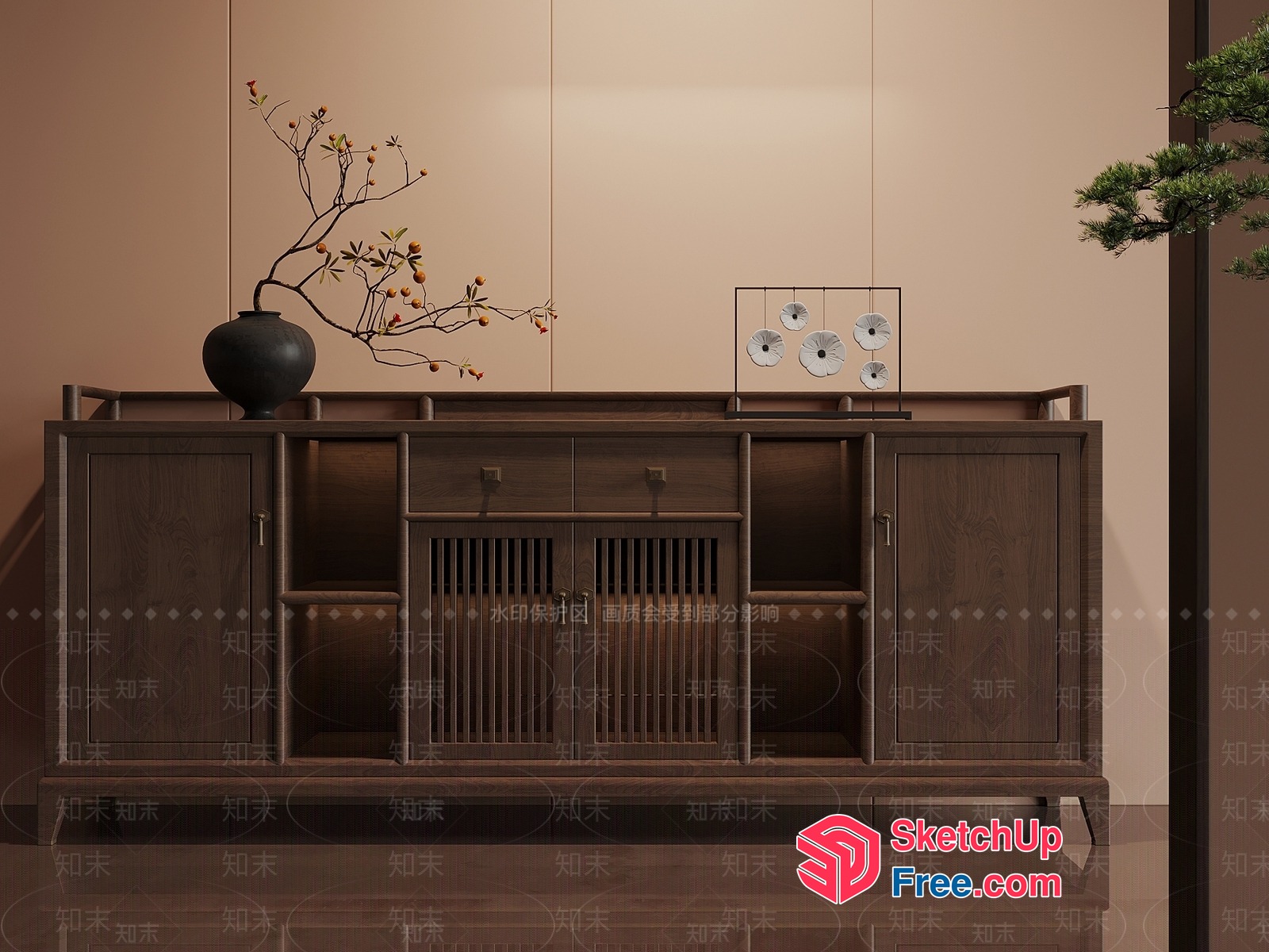 Elegant Japanese-Style Wooden Furniture With Vase And Branches 3D SketchUp File