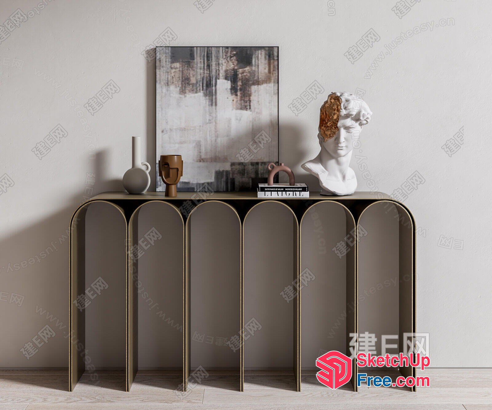 Minimalist Console Table With Curved Legs And Decorative Items 3D SketchUp File