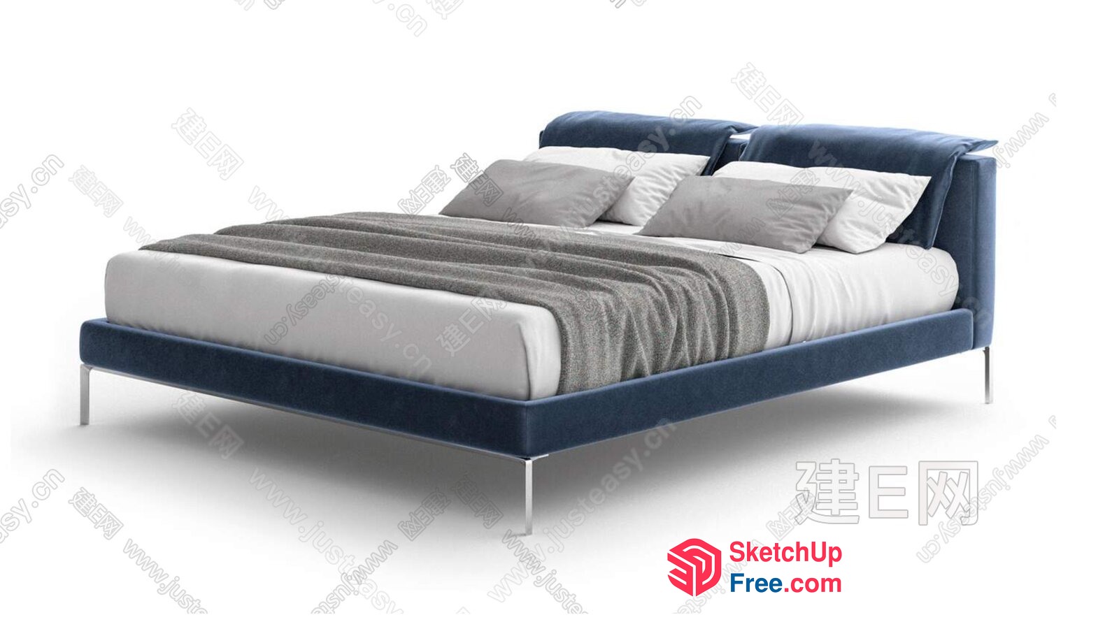 Blue Velvet Bed With Pillows And Blanket 3D SketchUp File