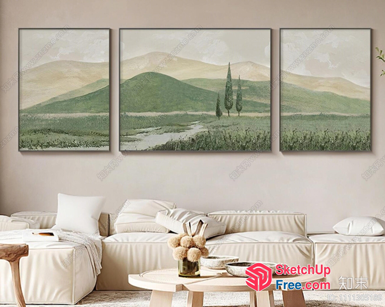 Minimalist Style Living Room With Creamy Sofa And Mountain Landscape Painting 3D SketchUp File