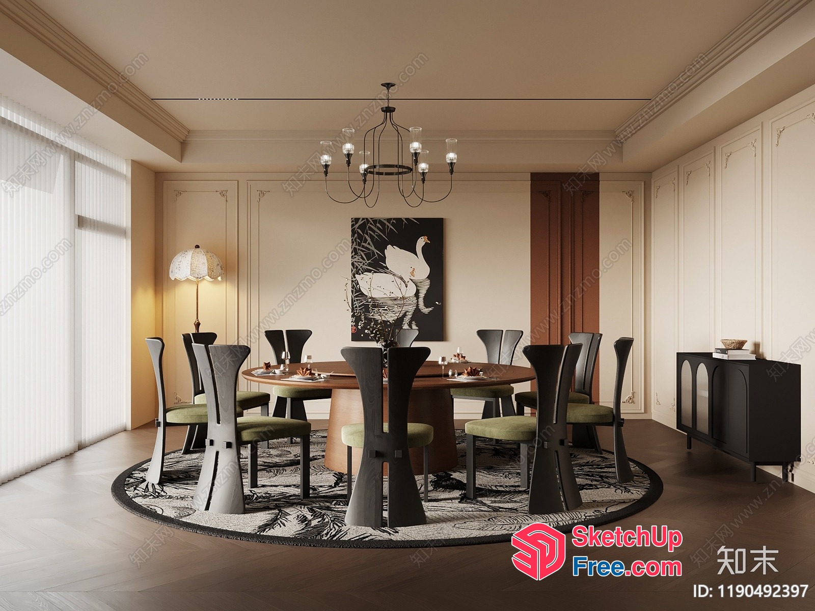 Elegant Dining Room With Round Table And Chandelier 3D SketchUp File