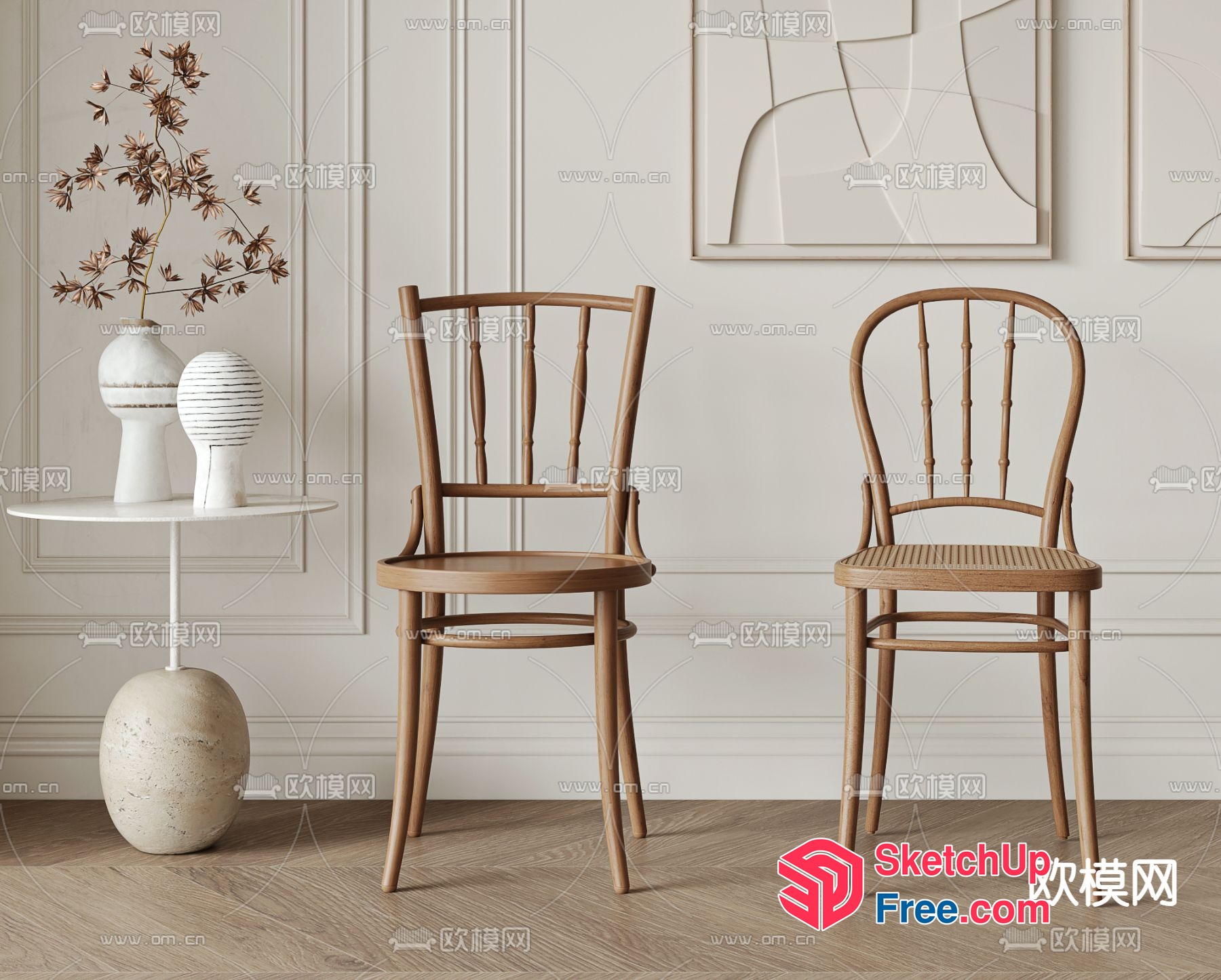 Elegant Minimalist Wooden Chairs And Decorative Vases 3D SketchUp File