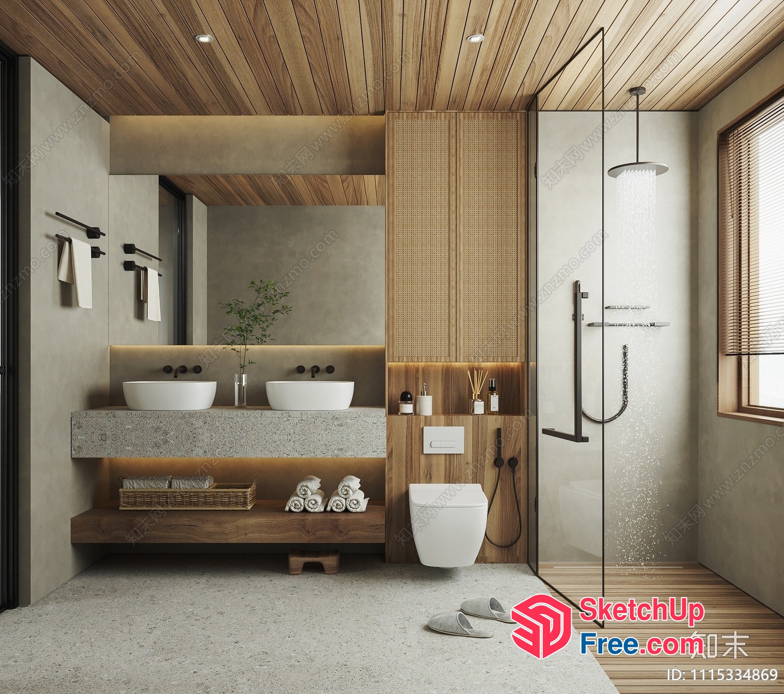 Modern Bathroom With White Fixtures And Wood Accents 3D SketchUp File