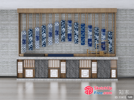 Japanese Style Blue And White Tile Wall And Window Design 3D SketchUp File