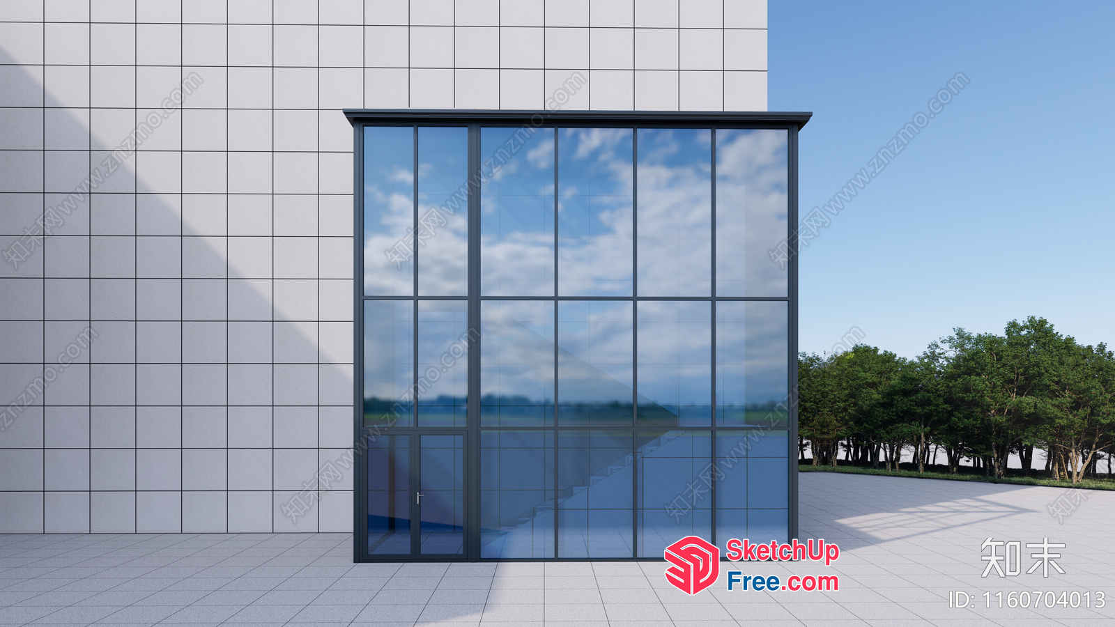 Glass Curtain Wall With Reflection Of Clouds And Trees 3D SketchUp File