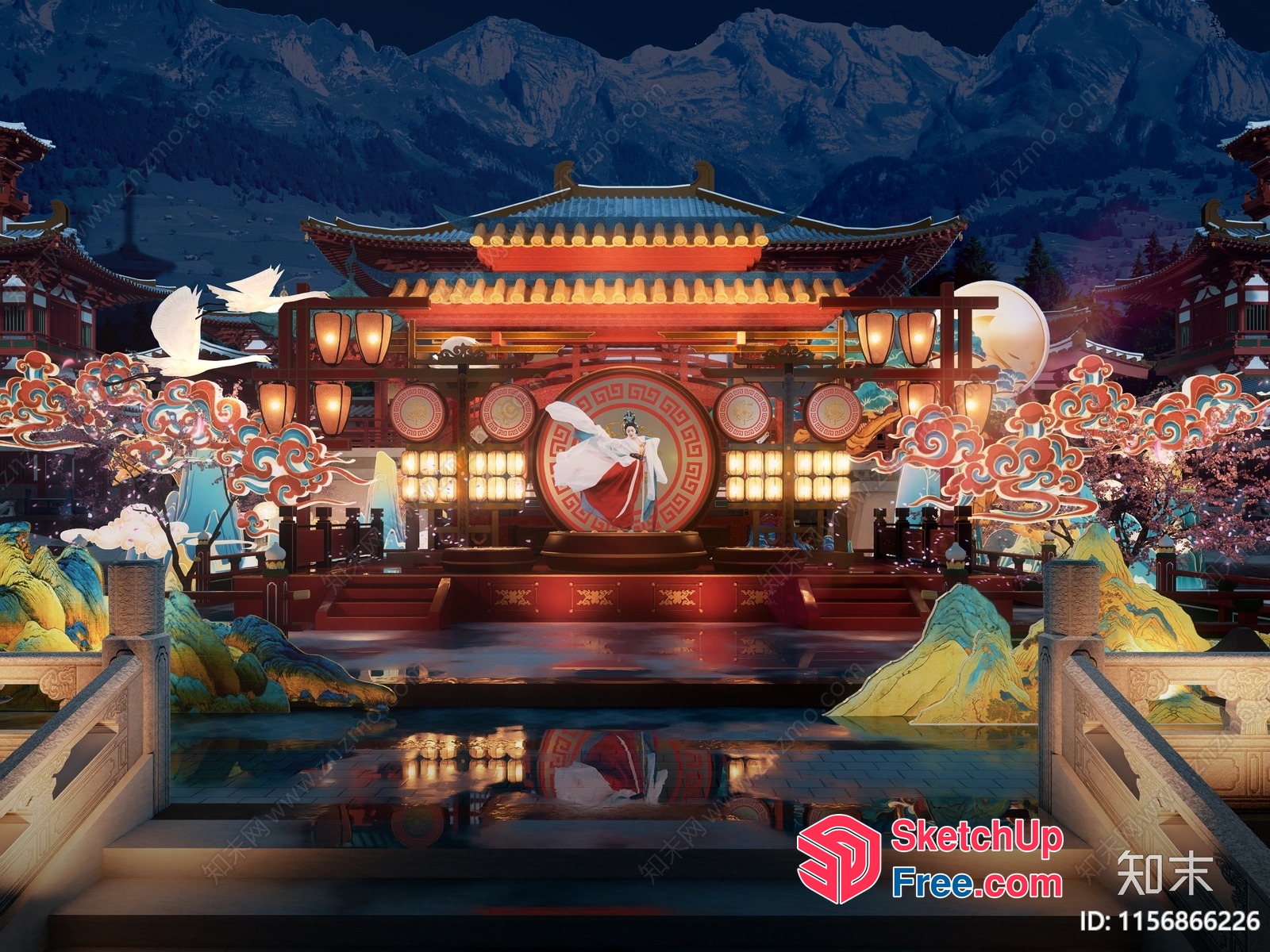 Oriental-Inspired Stage Decor With Red And Gold Accents 3D SketchUp File