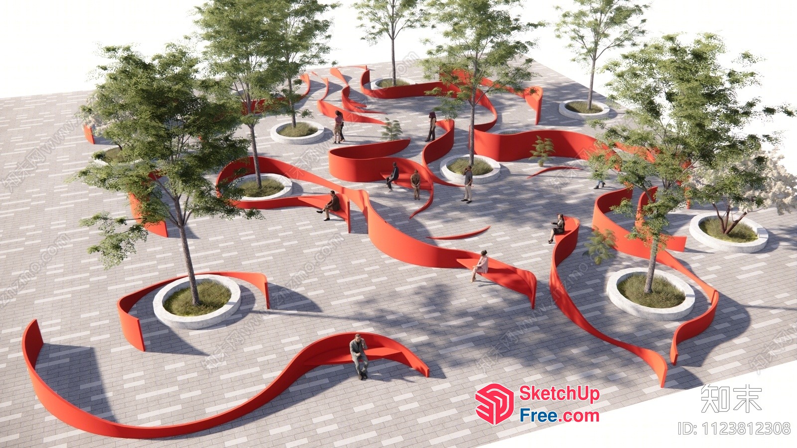 Curved Red Pathway And Planters 3D SketchUp File