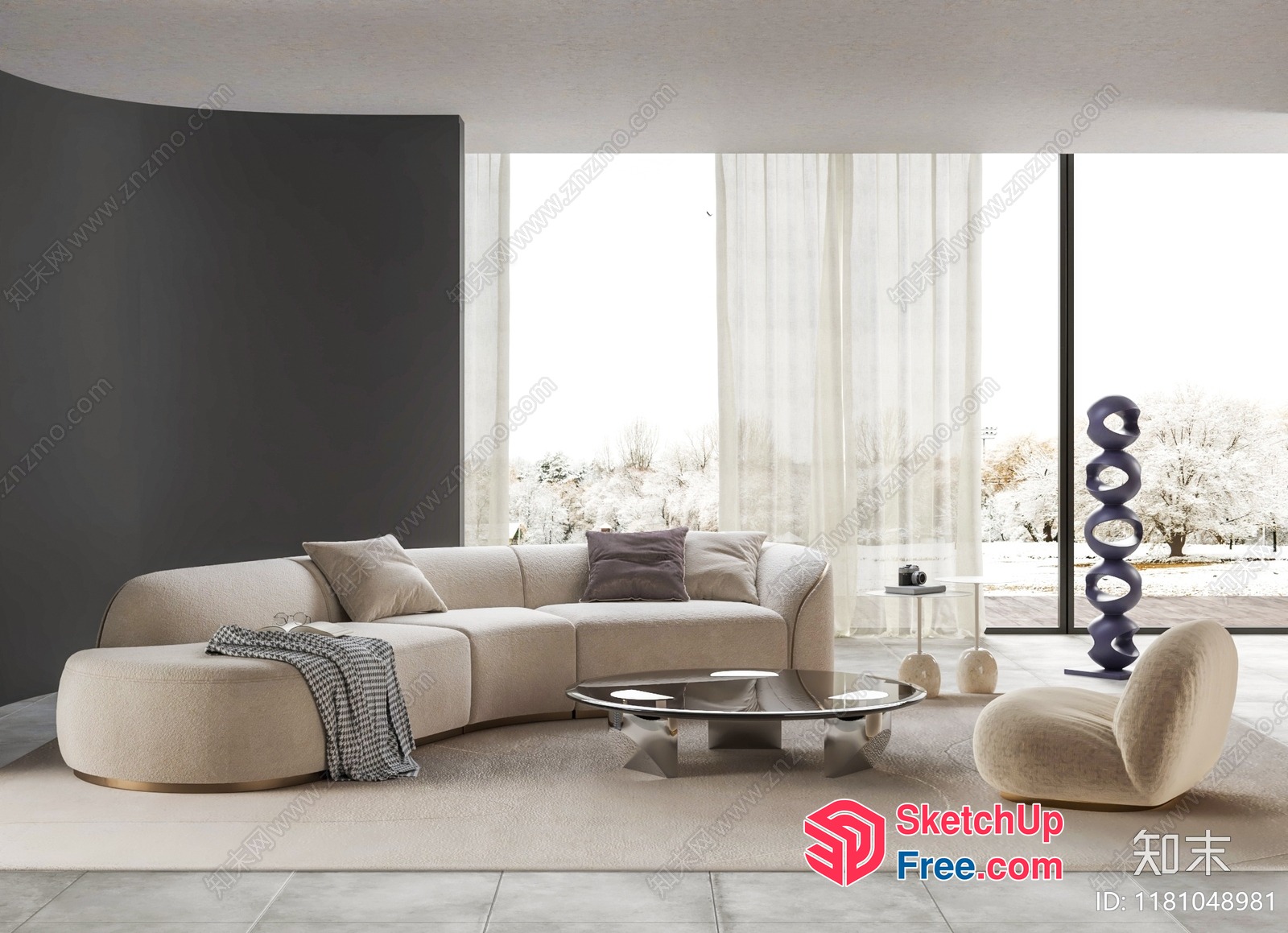 Minimalist Japanese-Style Living Room With Curved Sofa 3D SketchUp File