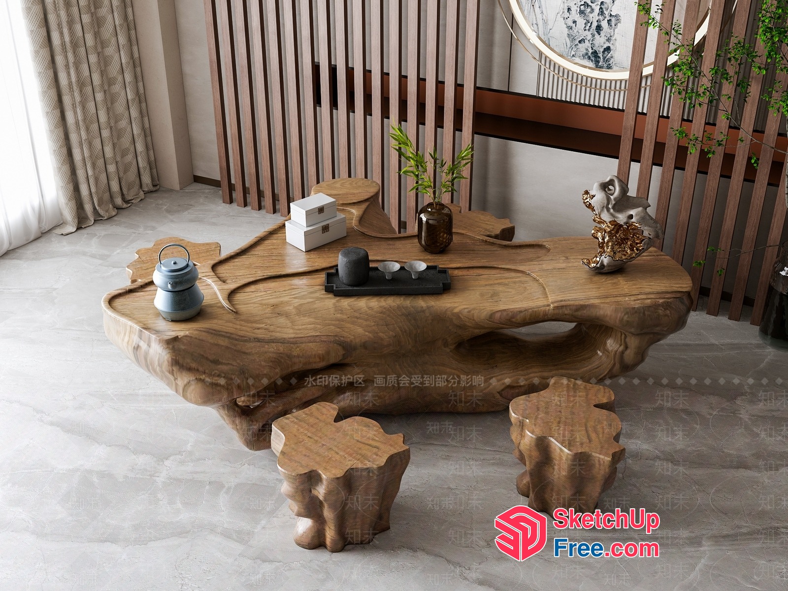 Elegant Wood Carved Coffee Table Set 3D SketchUp File
