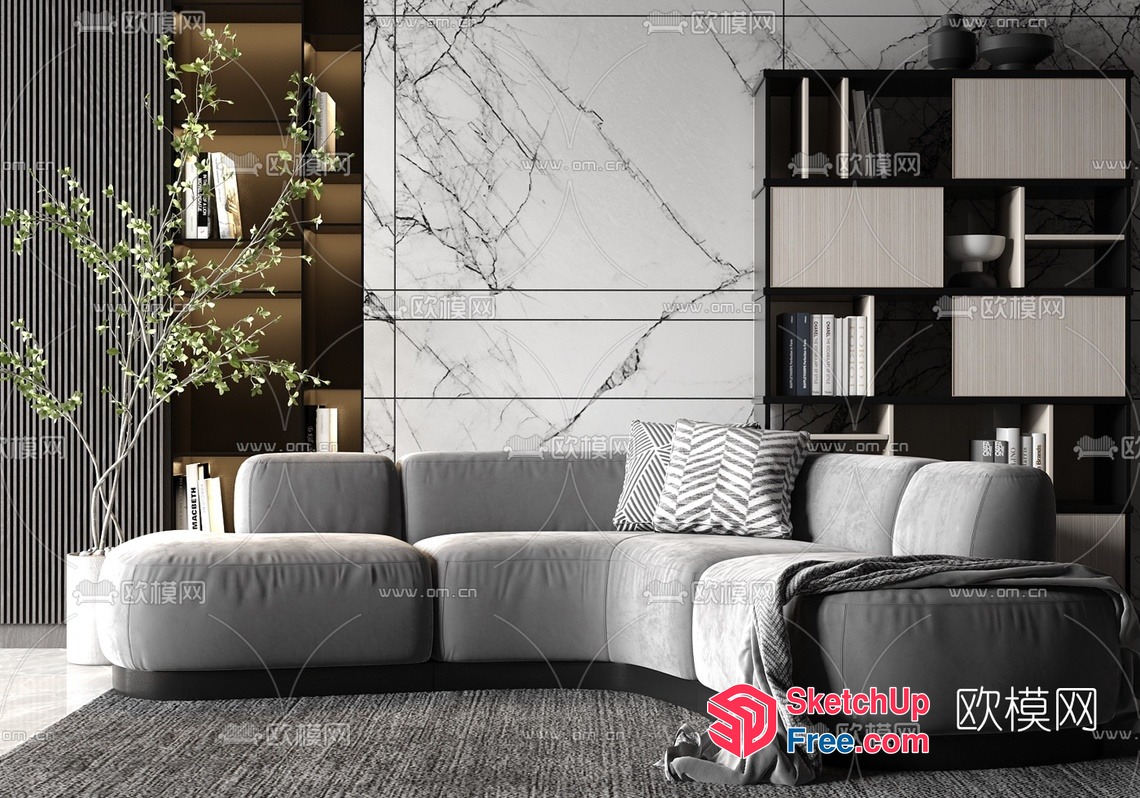 Modern European-Style Living Room With Grey Sofa And Bookshelf 3D SketchUp File