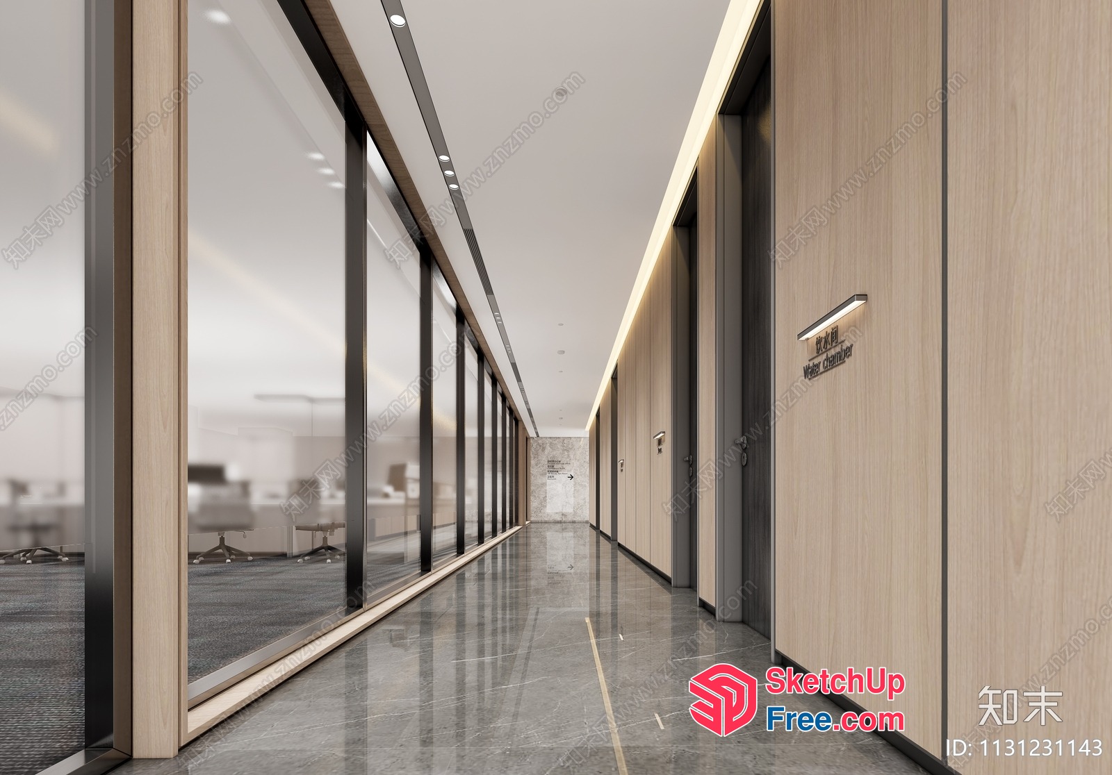 Modern Office Building Hallway With Glass Walls And Elevator 3D SketchUp File