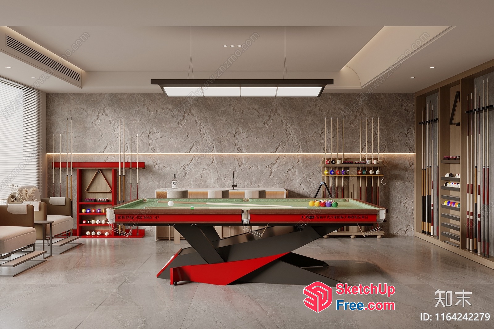 Modern Billiard Room With Elegant Furniture And Lighting 3D SketchUp File