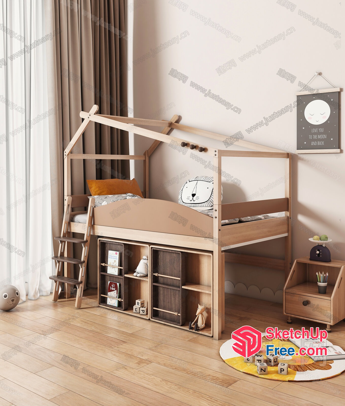Cozy Wooden Loft Bed With Built-In Bookcase And Storage 3D SketchUp File