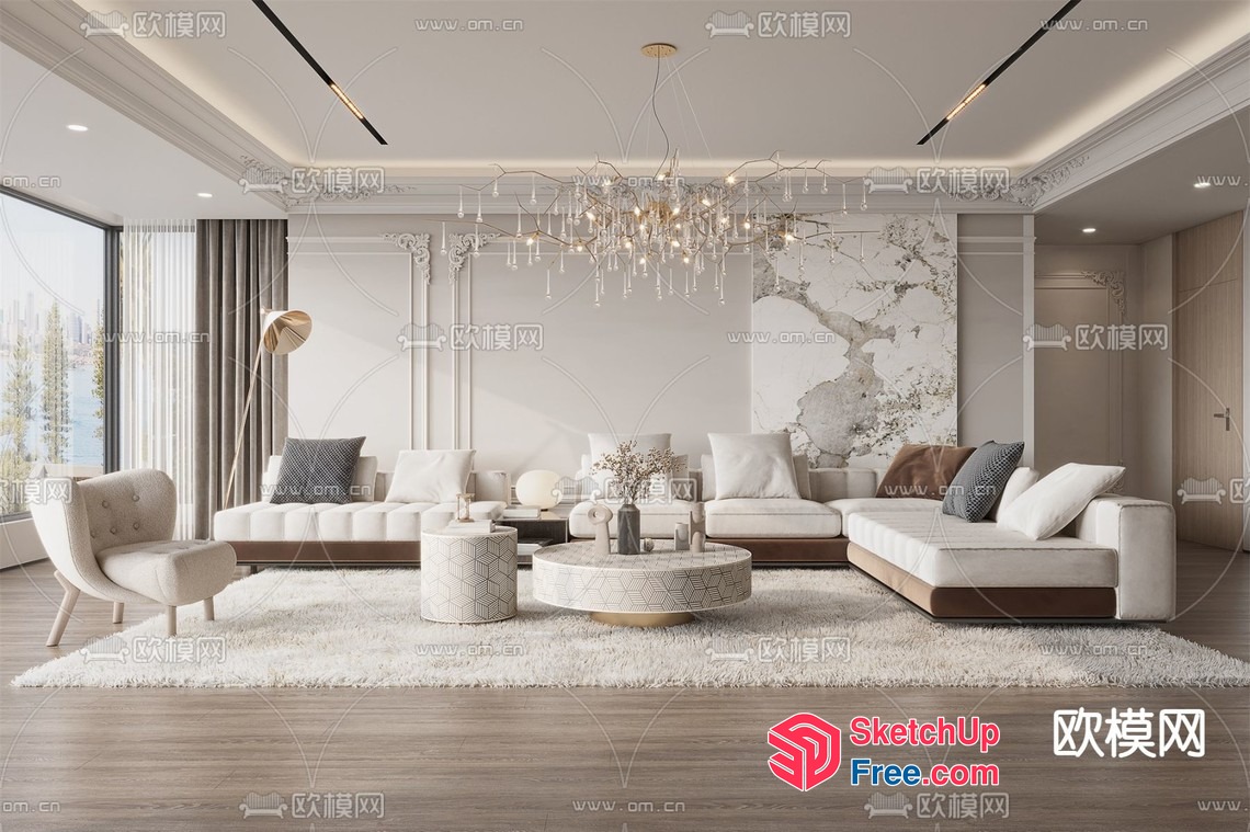 Luxurious Modern Living Room With Elegant White And Cream Decor 3D SketchUp File