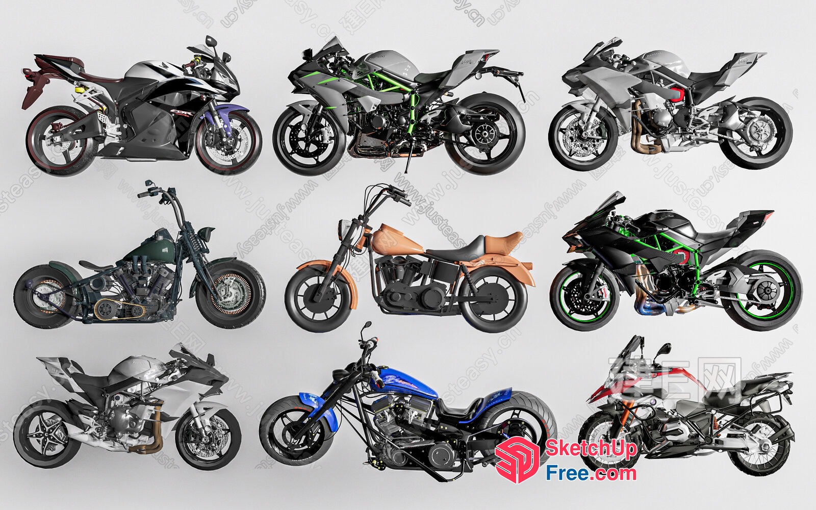 Nine Motorcycles On Gray Background 3D SketchUp File