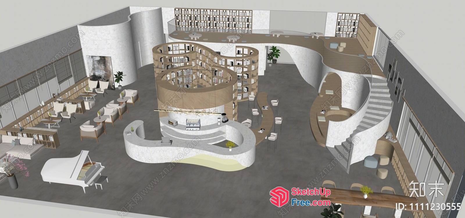Modern Library With Curved Staircase And Bookshelves 3D SketchUp File