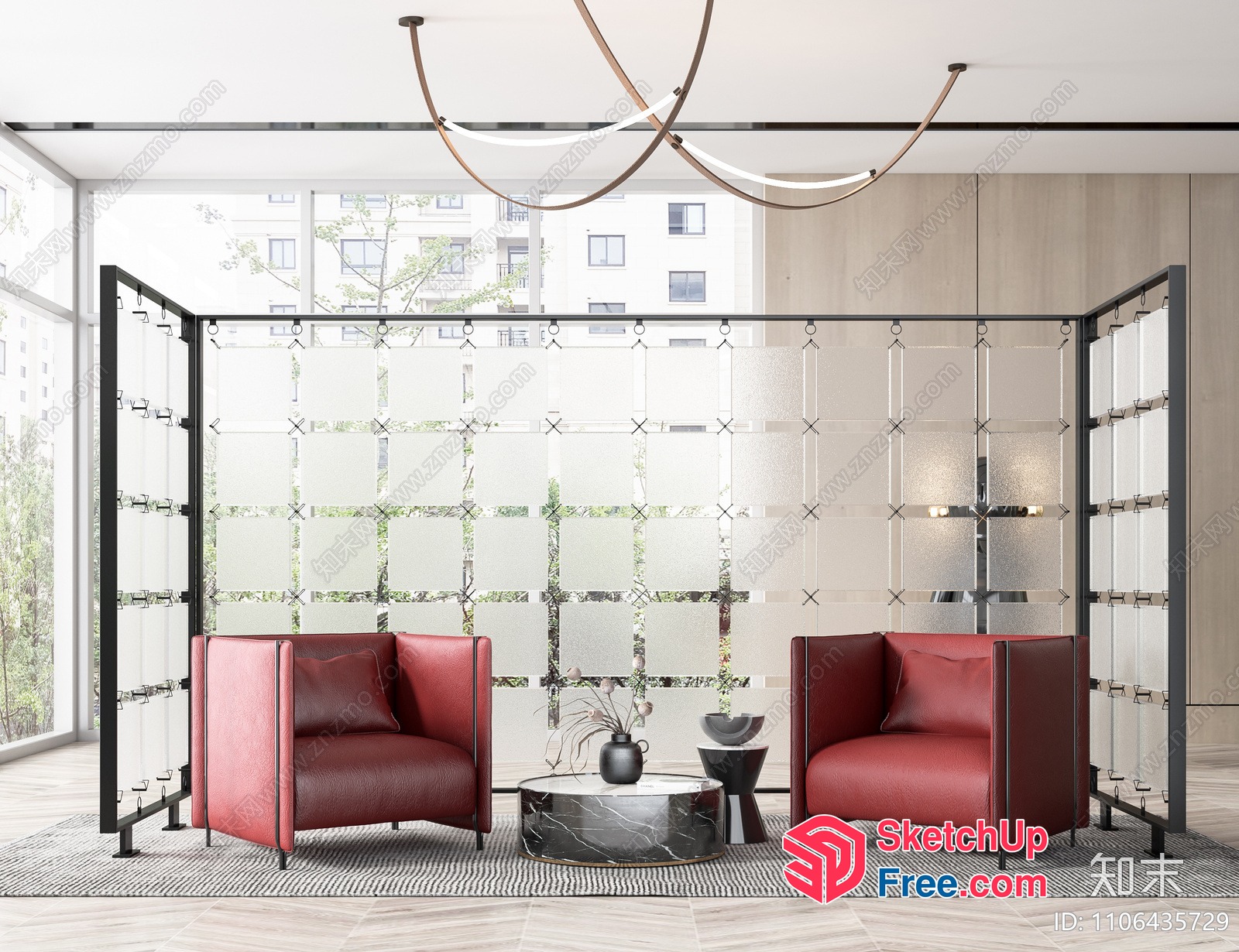 Modern Interior With Glass Curtain Wall And Red Chairs 3D SketchUp File