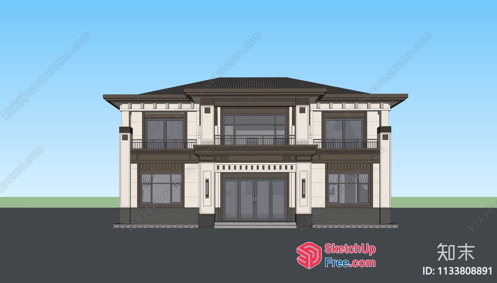 A Large, Two-Story House With A Balcony 3D SketchUp File