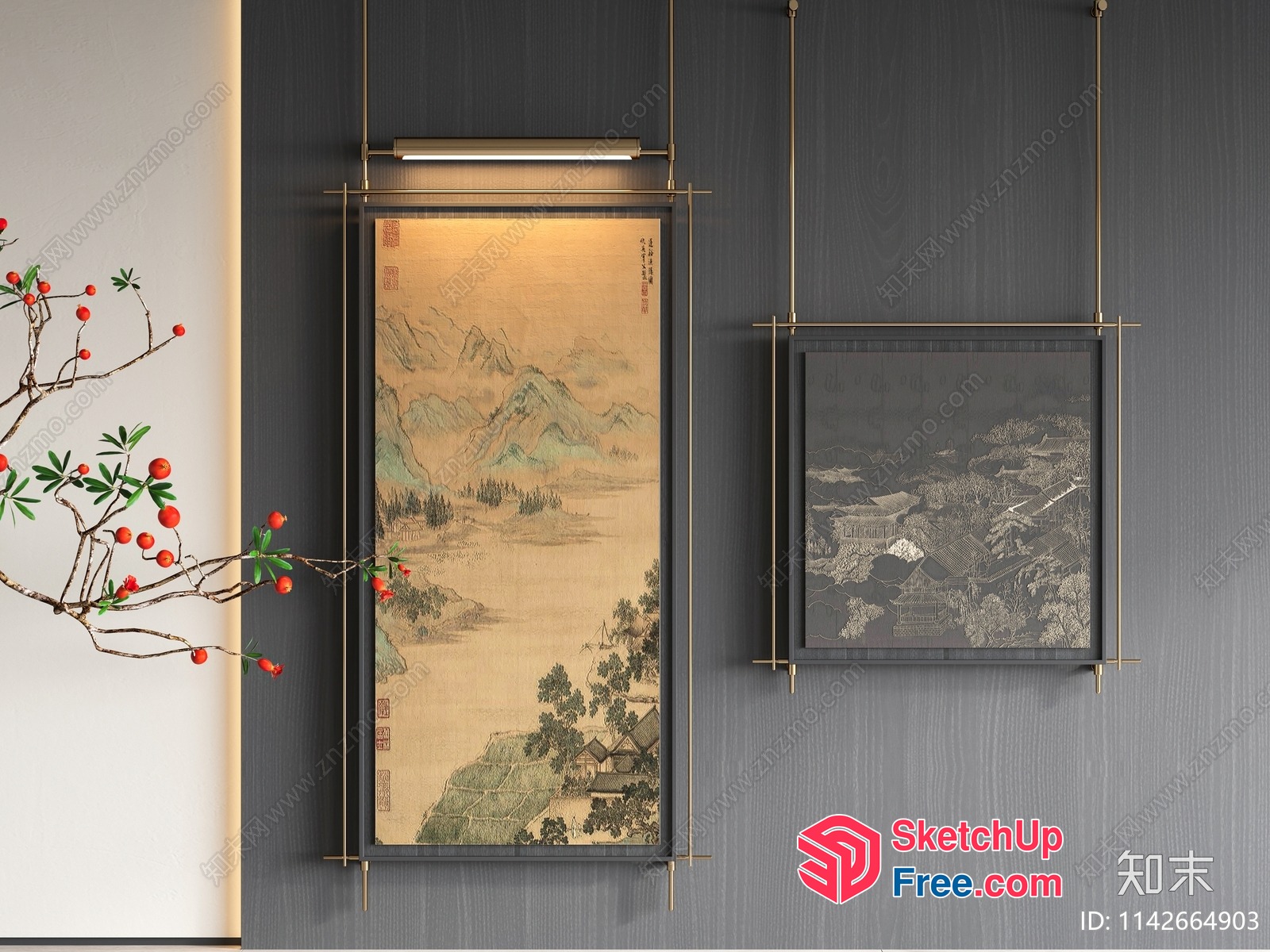 Traditional Chinese Landscape Painting With Gold Accents 3D SketchUp File