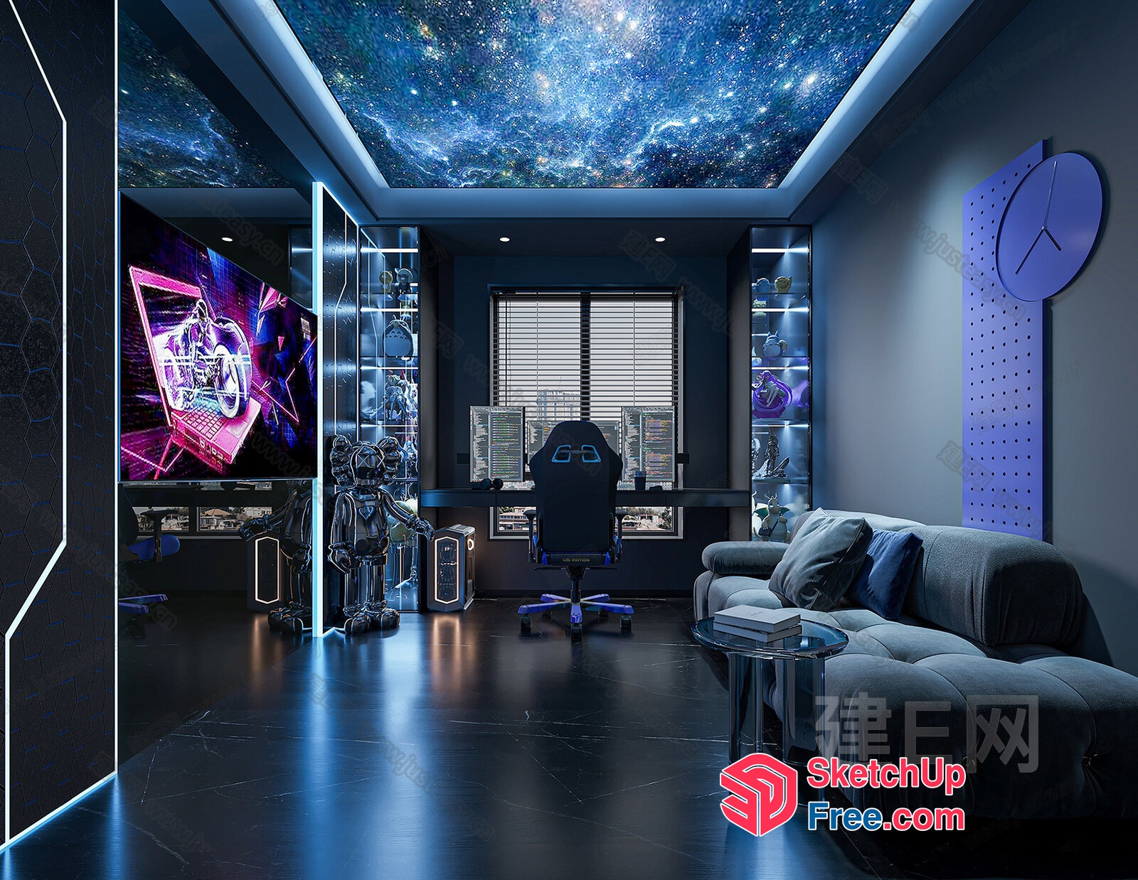 Futuristic Gaming Room With Space-Themed Ceiling 3D SketchUp File