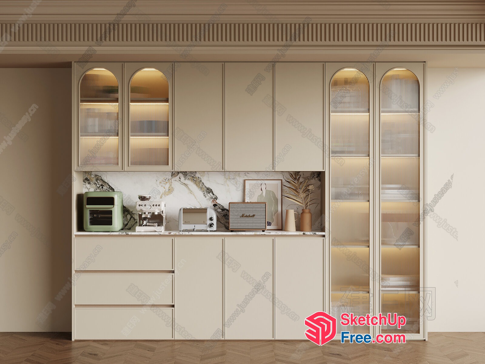 Elegant Creamy Style Cabinet And Glass Shelf Unit 3D SketchUp File