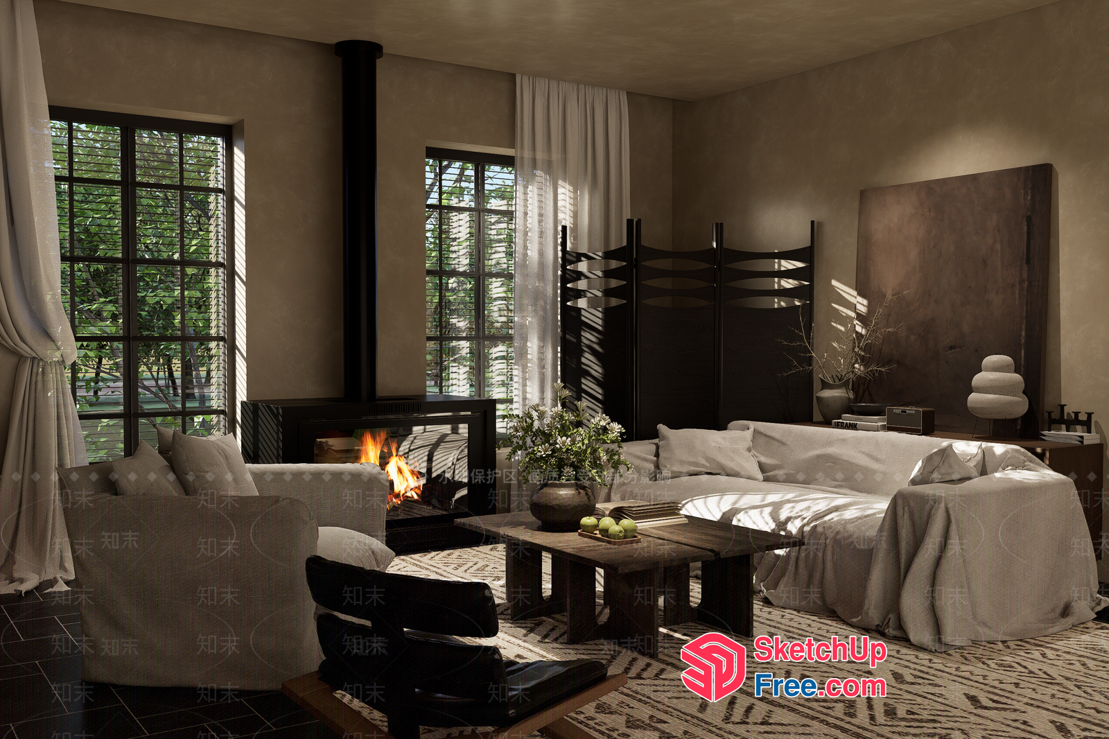 Modern Living Room With Fireplace And Natural Light 3D SketchUp File