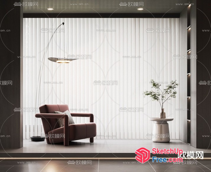 Modern Minimalist Living Room With Brown Chair And White Curtains 3D SketchUp File