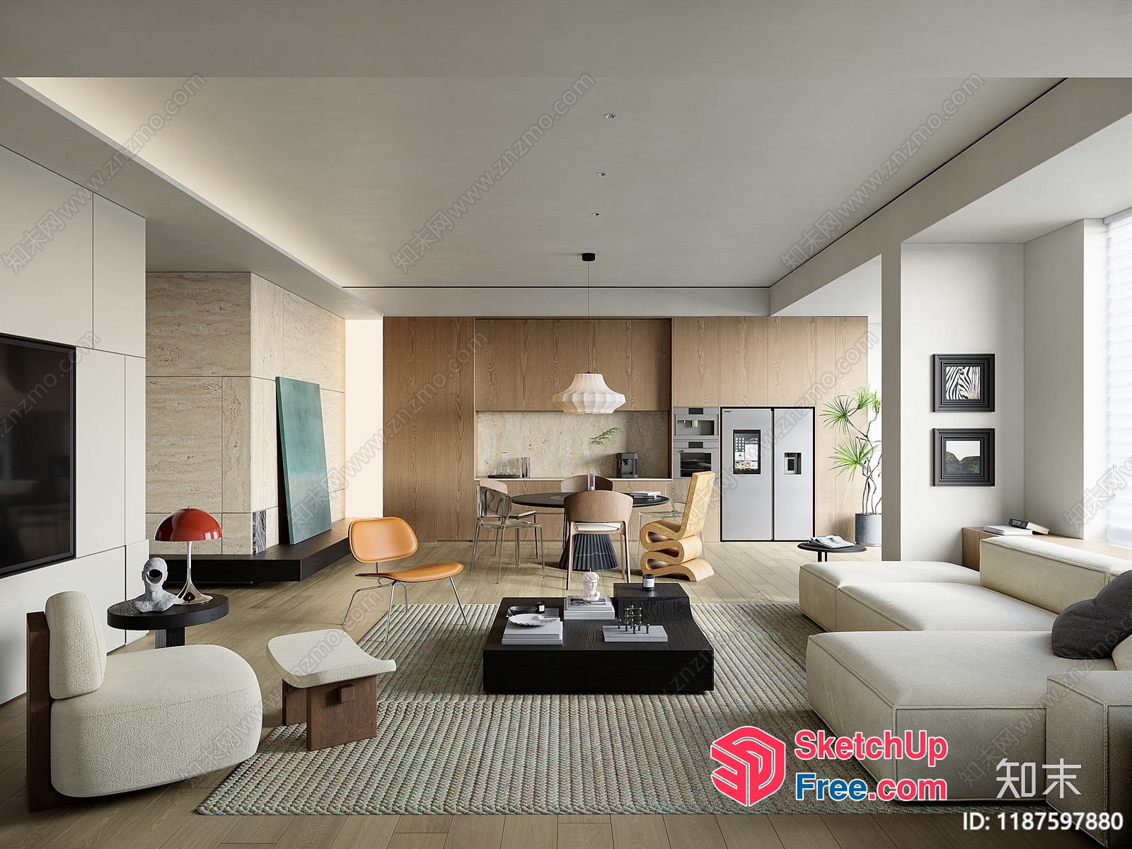 Modern Minimalist Living Room With Creamy Sofa And Wooden Accents 3D SketchUp File