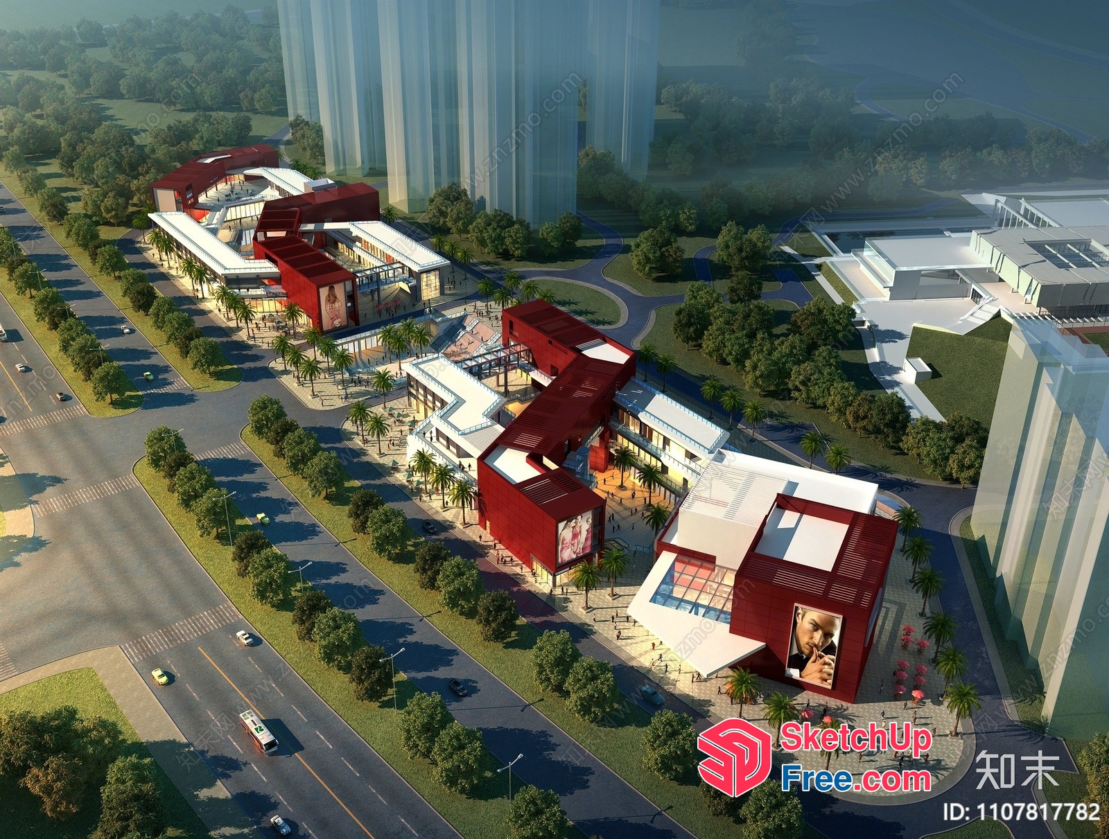 Modern Commercial Street With Red And White Buildings 3D SketchUp File
