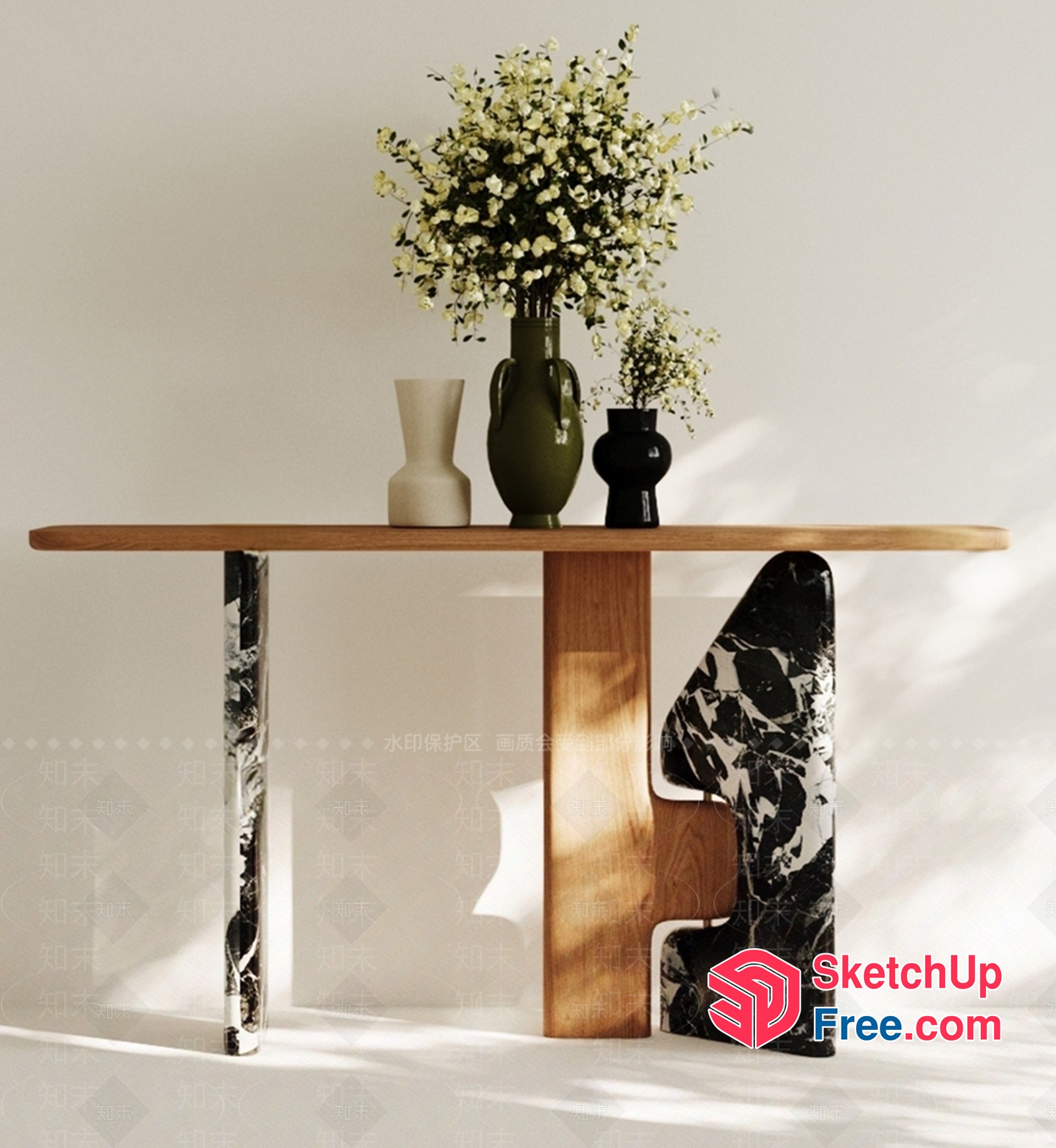 Elegant Console Table With Marble Legs And Wooden Top 3D SketchUp File
