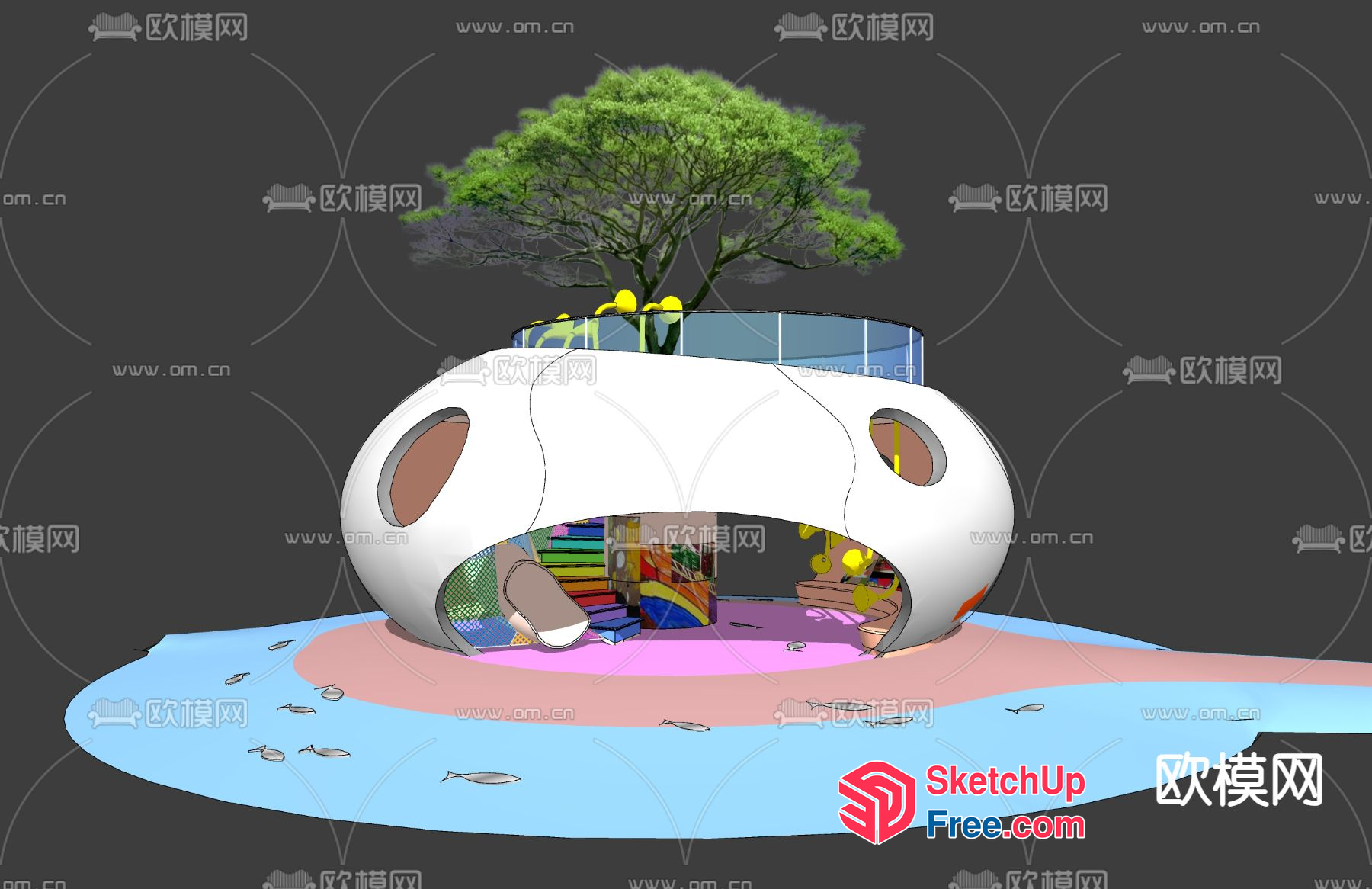 Futuristic Modern Bookstore With Unique Tree Design 3D SketchUp File